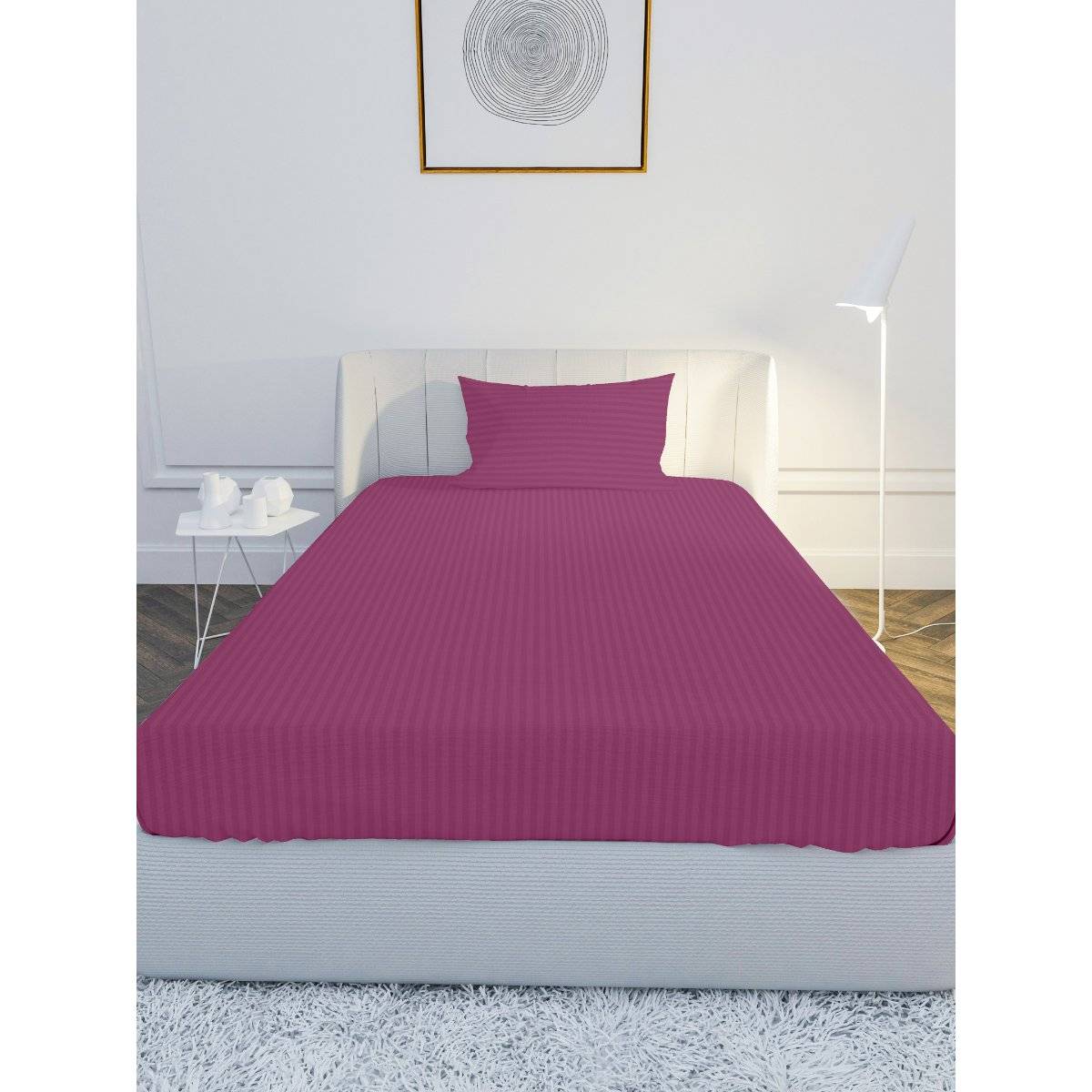 100% Cotton Satin 210TC Single Bedsheet with 1 Pillow Cover Stripe Tuberose Pink (Single)