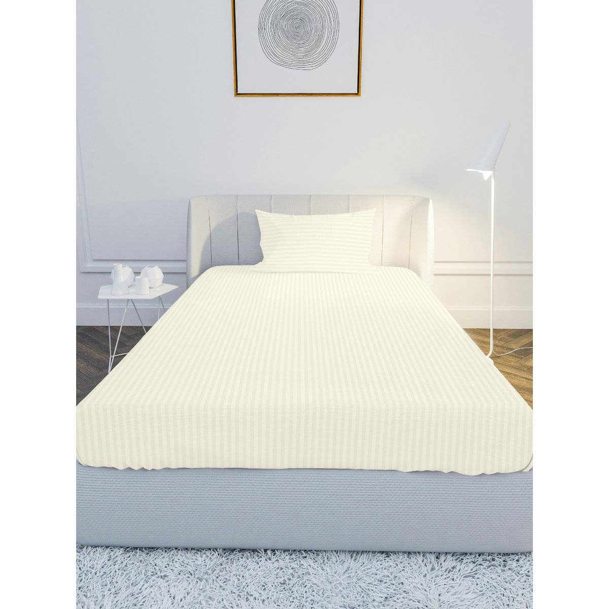 100% Cotton Satin 210TC Single Bedsheet with 1 Pillow Cover Stripe Cream (Single)