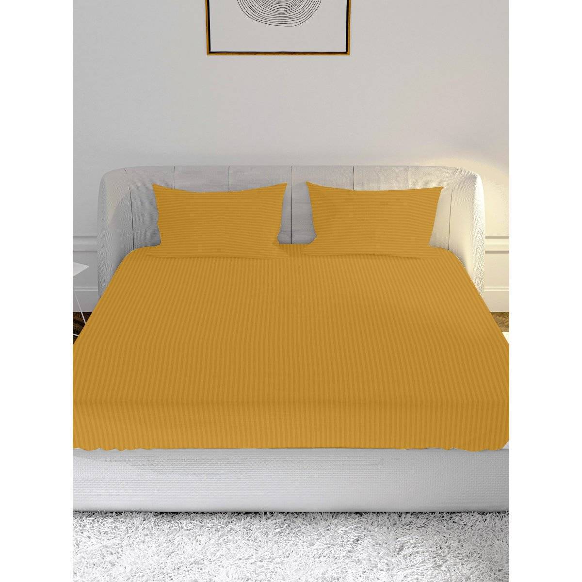 100% Cotton Satin 210TC Fitted Bedsheet with 2 Pillow Covers Stripe Ochre Yellow (Queen)
