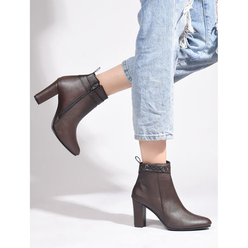 Buy SHUZ TOUCH Block Heel Mid Brown Ankle Length Boots Online