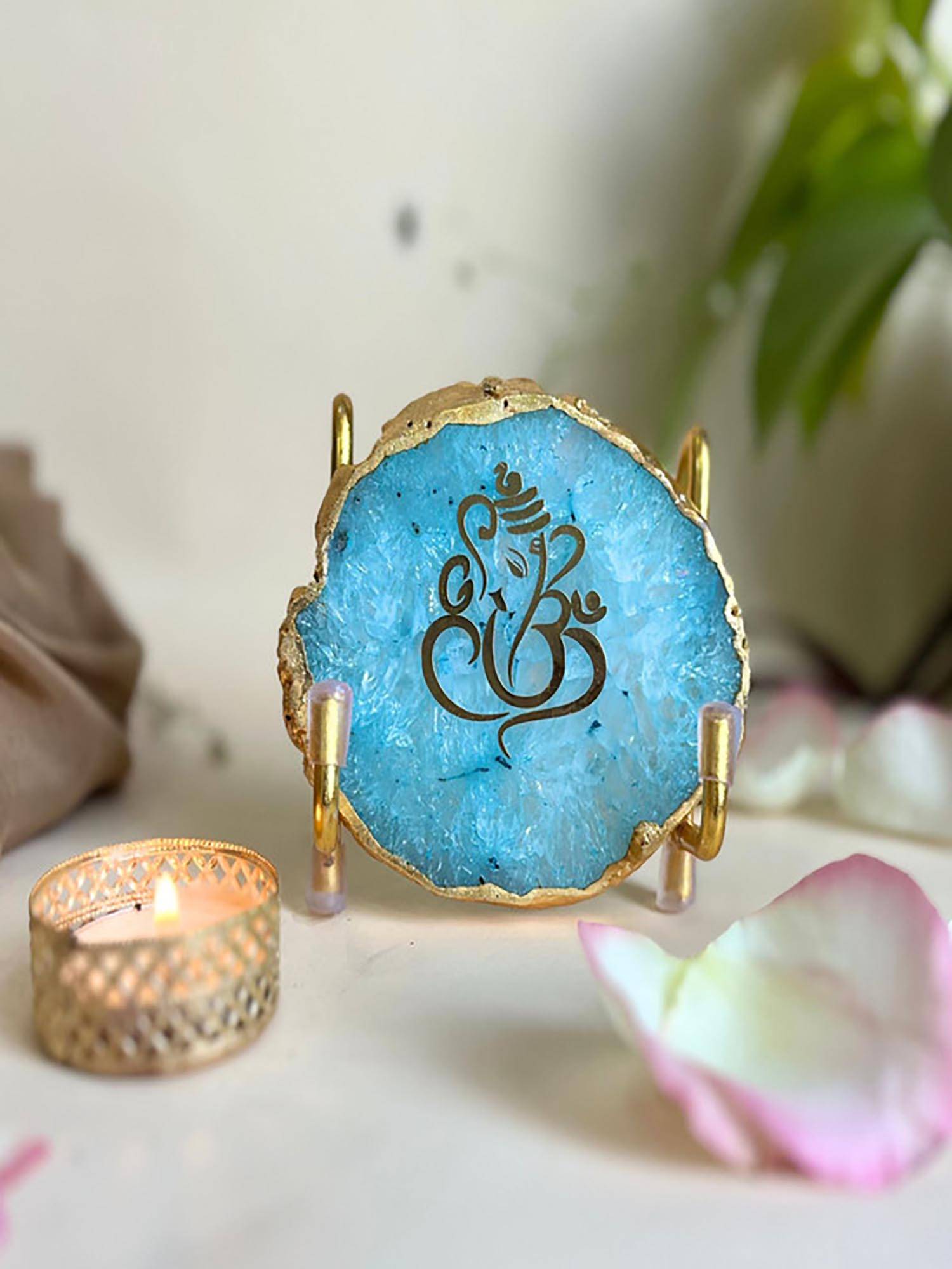 Homearte Ganesh Ji Agate Metal Stand Religious Showpiece-Turquoise