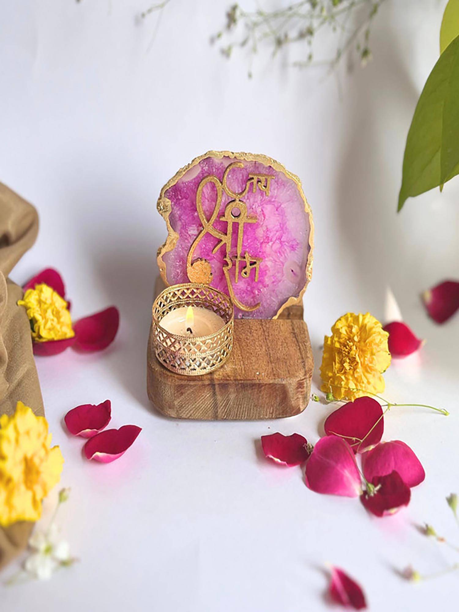 Homearte Jai Shree Ram Agate Wooden Base Tealight Holder-Pink