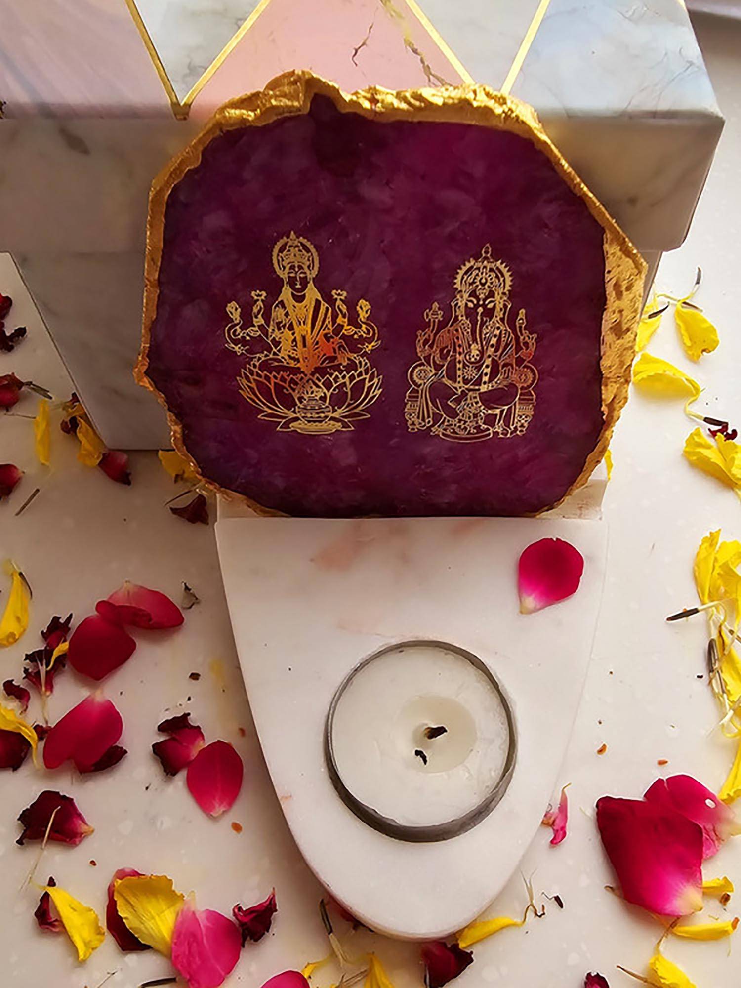 Homearte Laxmi Ganesha Agate with Marble Base Front Side Tealight-Pink