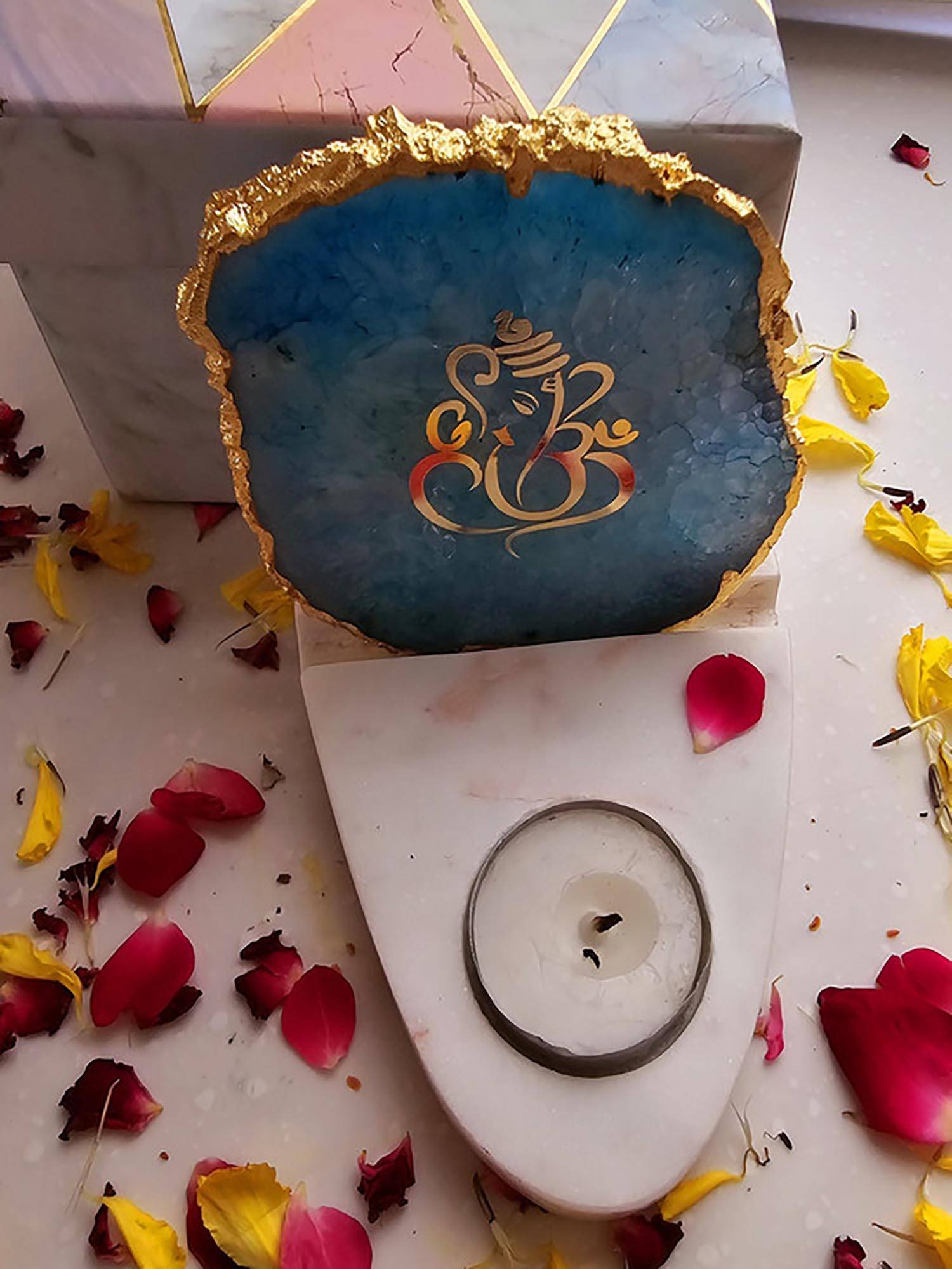 Homearte Ganesha Agate with Marble Base Front Side Tealight-Turquoise