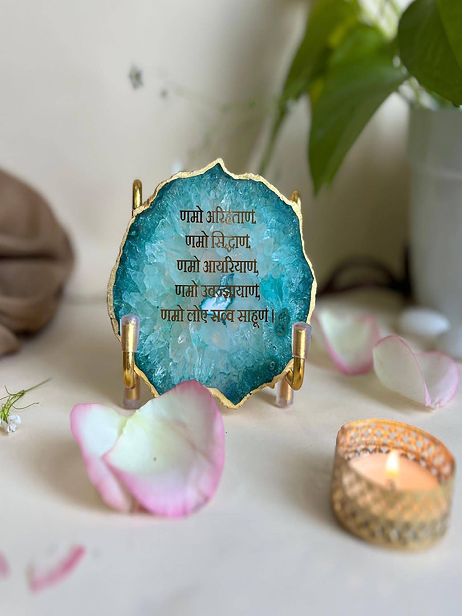 Homearte Namokar Mantra Agate Metal Stand Religious Showpiece-Green