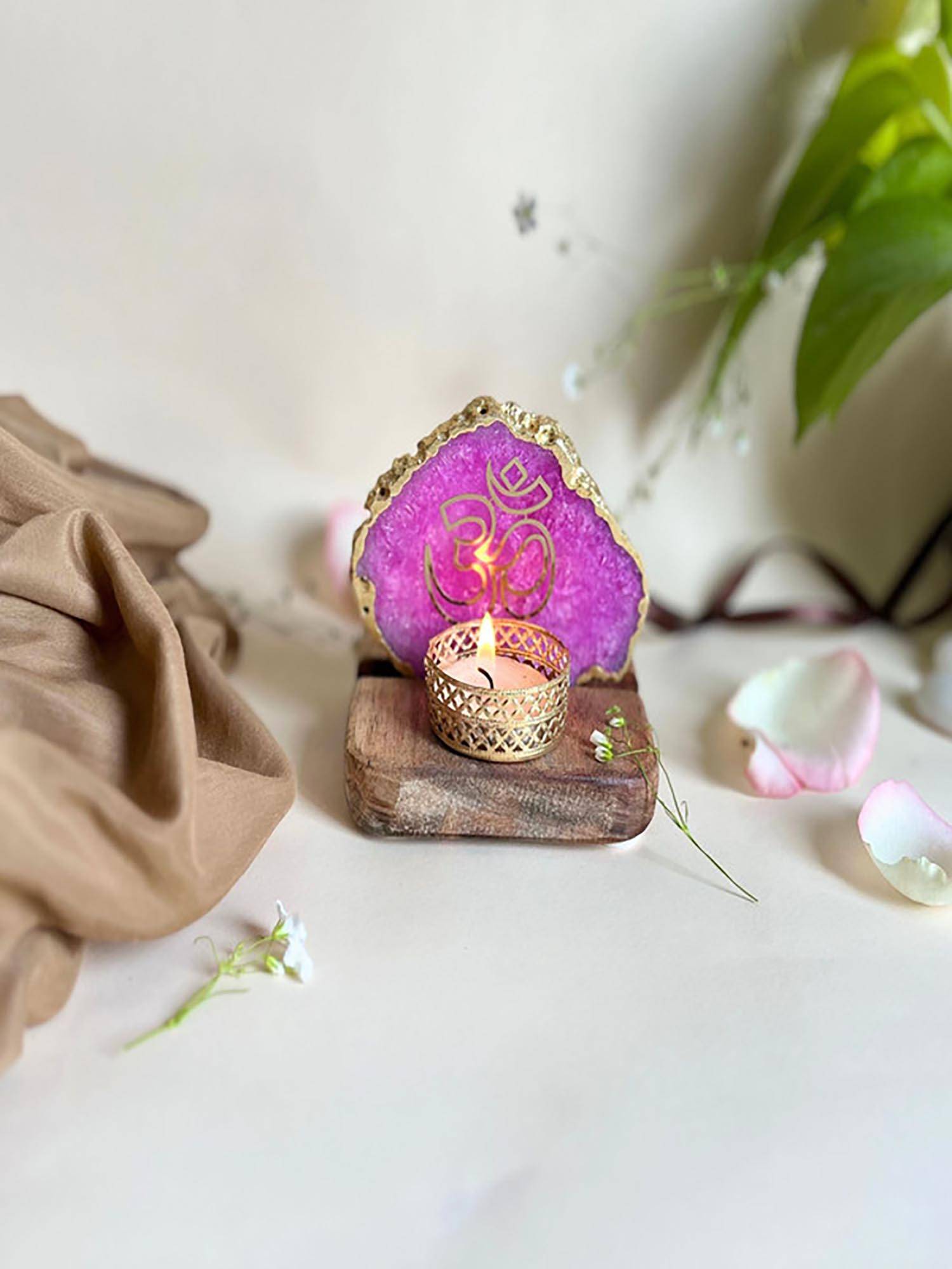 Homearte Om Agate Wooden Base Tealight Holder-Pink