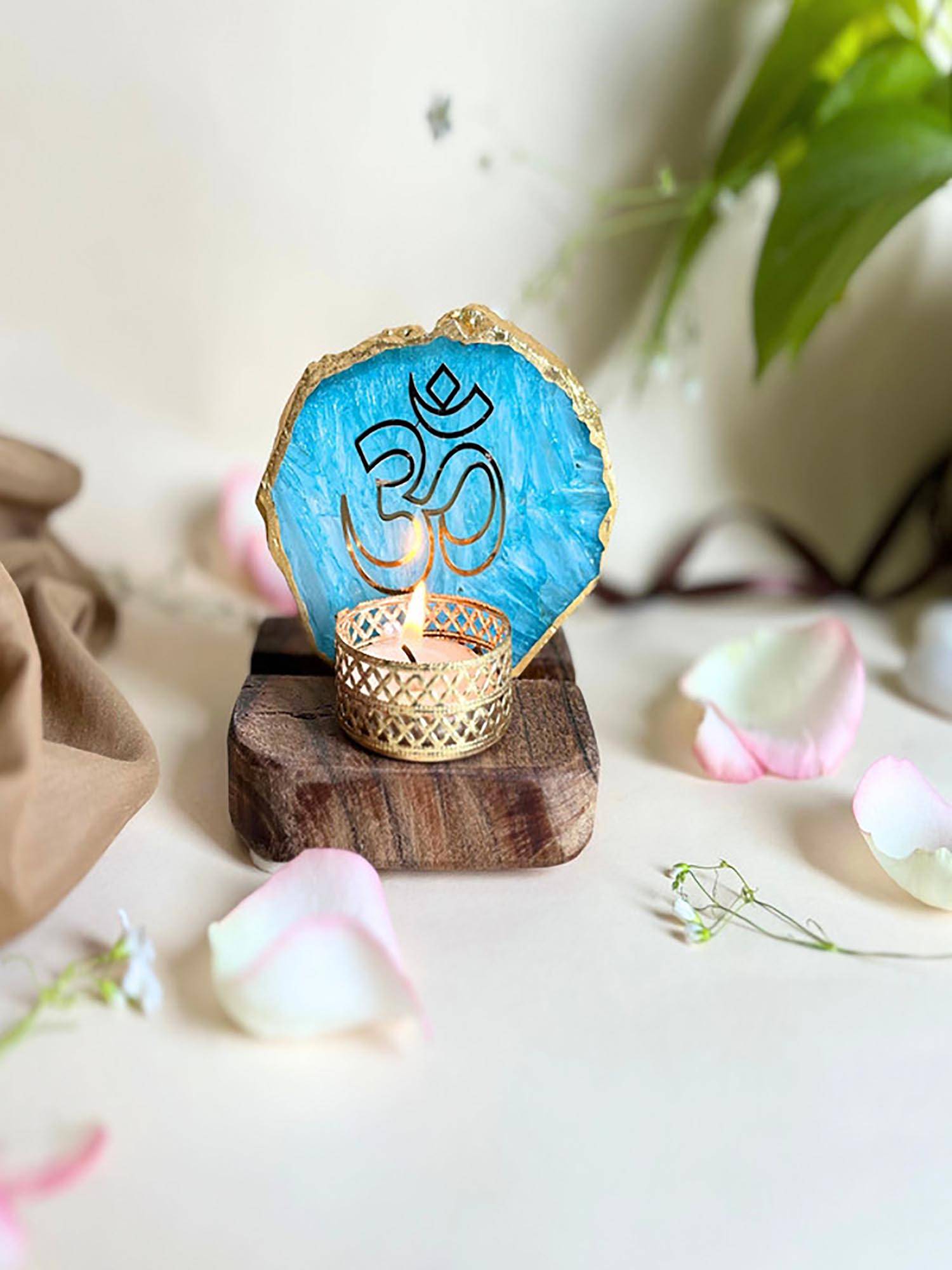 Homearte Om Agate Wooden Base Tealight Holder-Turquoise