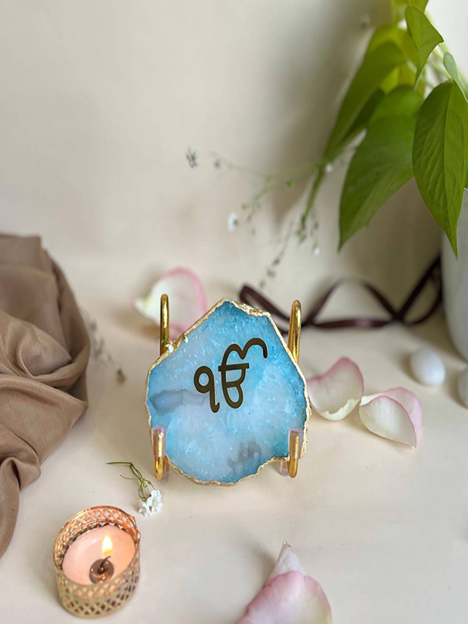 Homearte Ik Onkar Agate Metal Stand Religious Showpiece-Turquoise