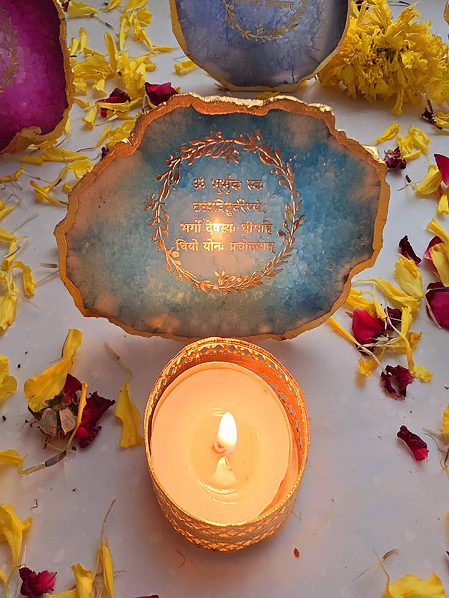 Homearte Agate Gayatri Mantra Back Side Tealight- Turquoise