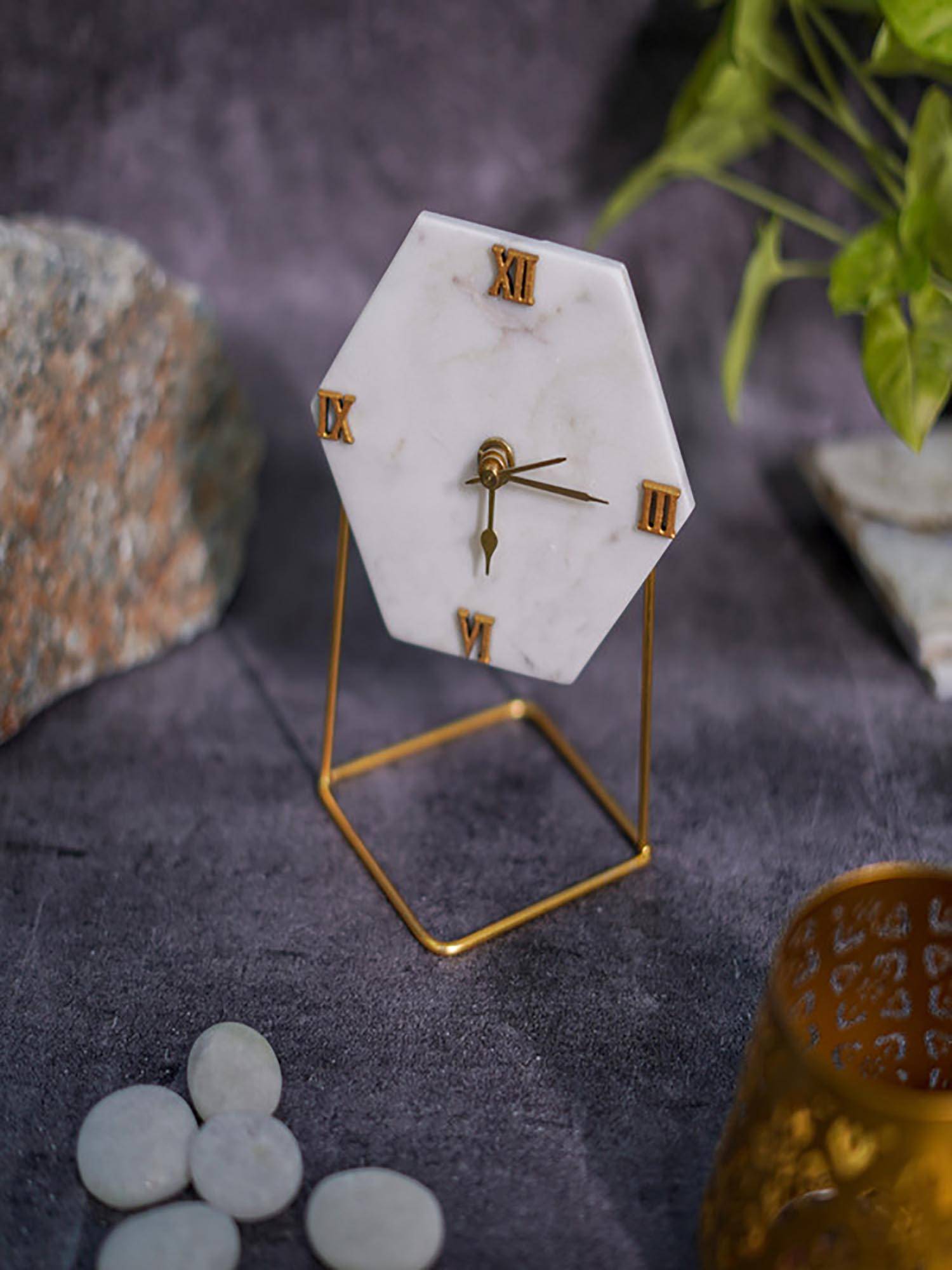 Homearte White Marble Hexagon Shape Desk Clock with Metal Stand