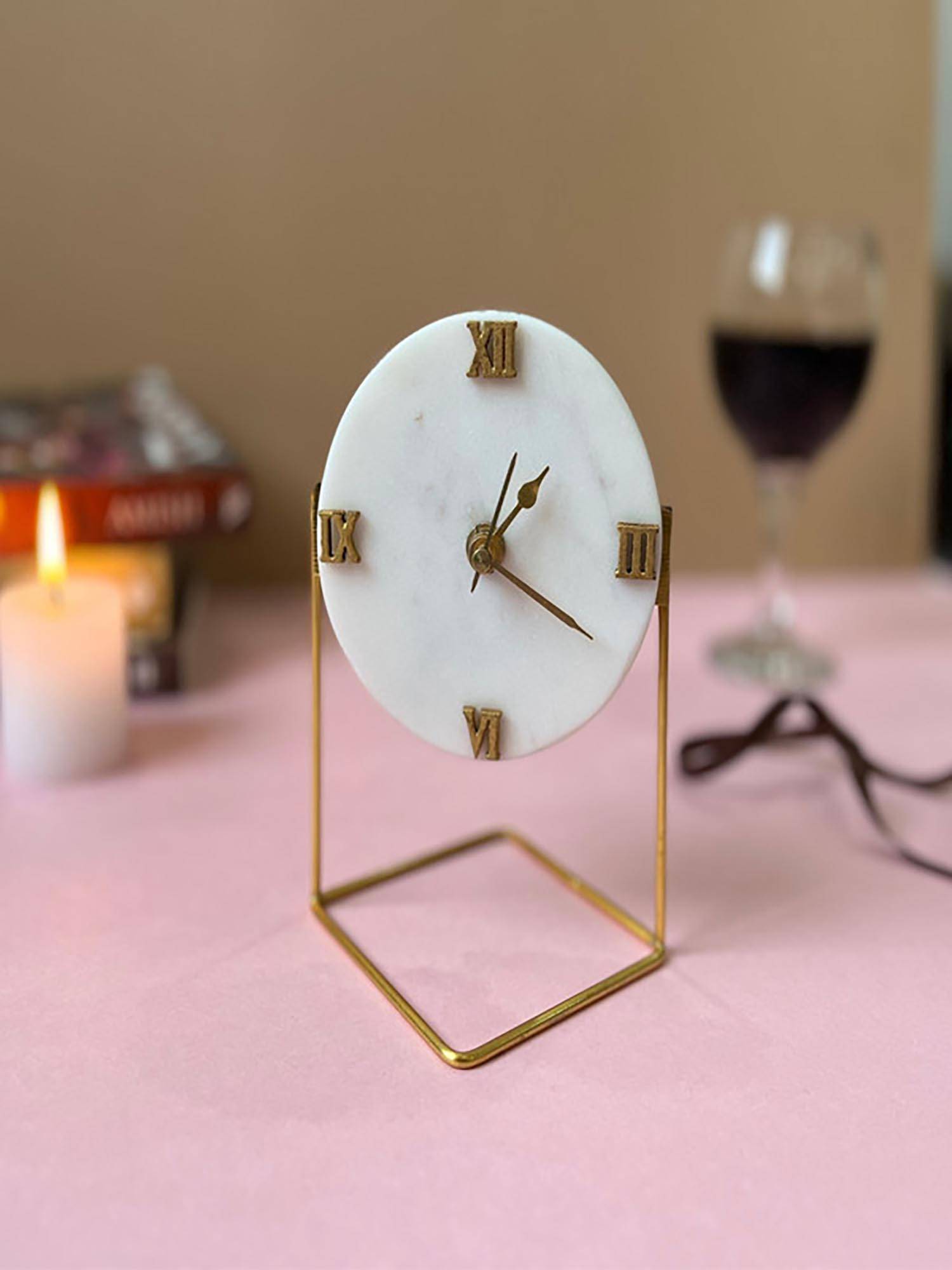 Homearte White Marble Round Shape Desk Clock with Metal Stand