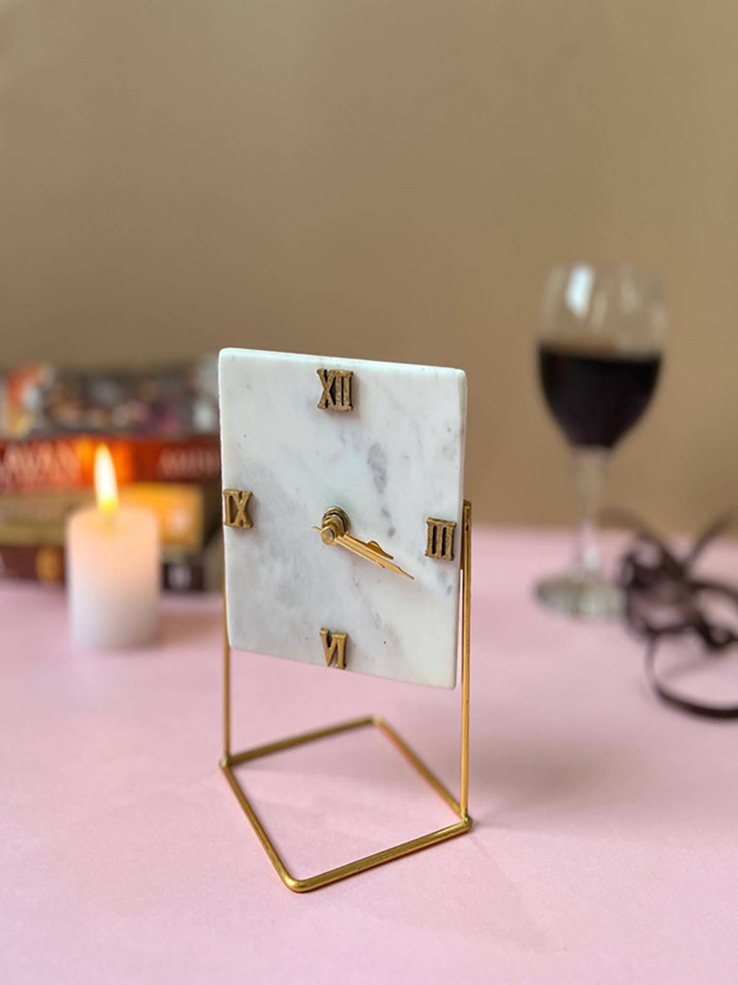 Homearte White Marble Square Shape Desk Clock with Metal Stand