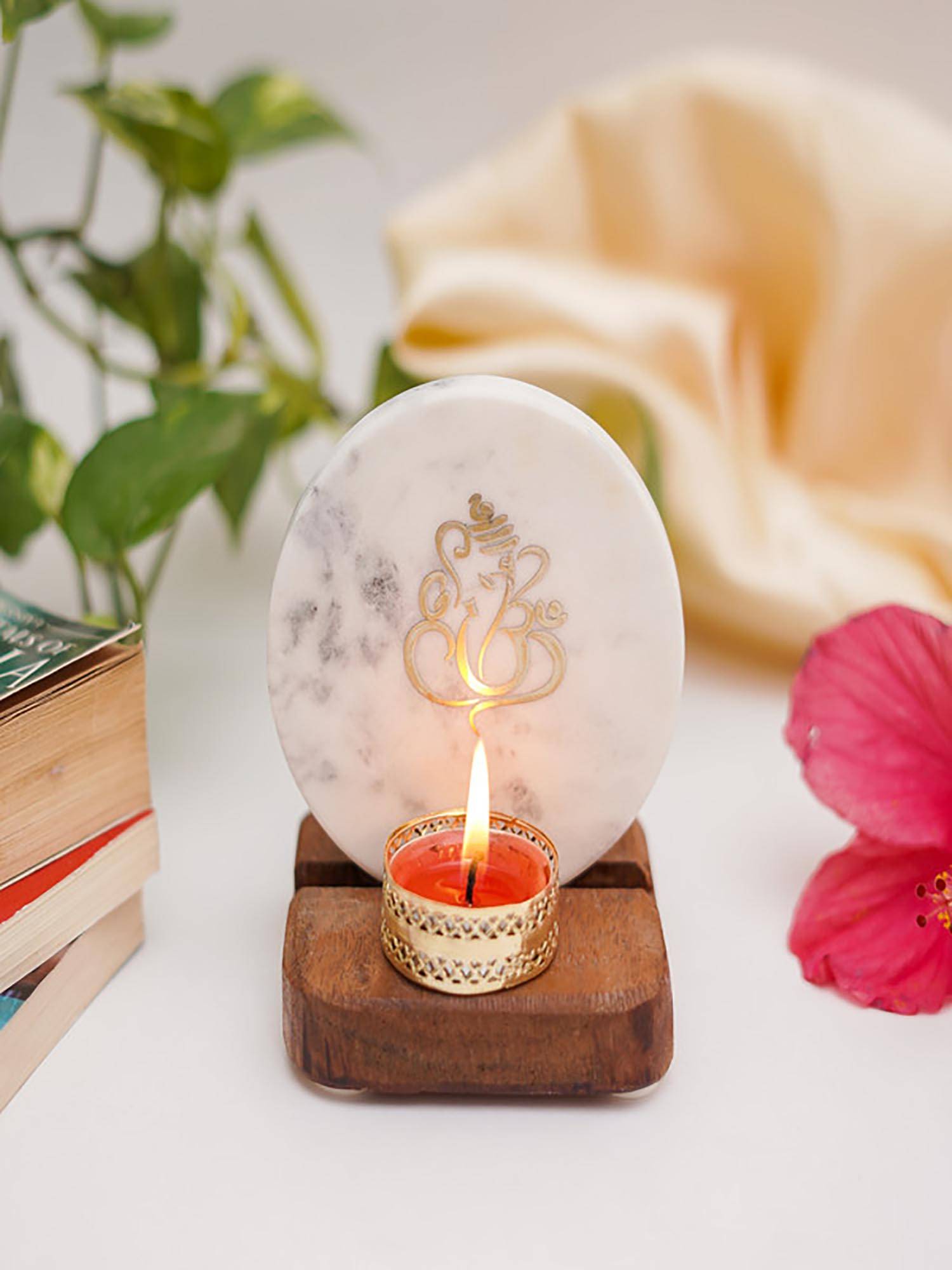 Homearte Ganesha Tea Light Holder White Marble with Wooden Base