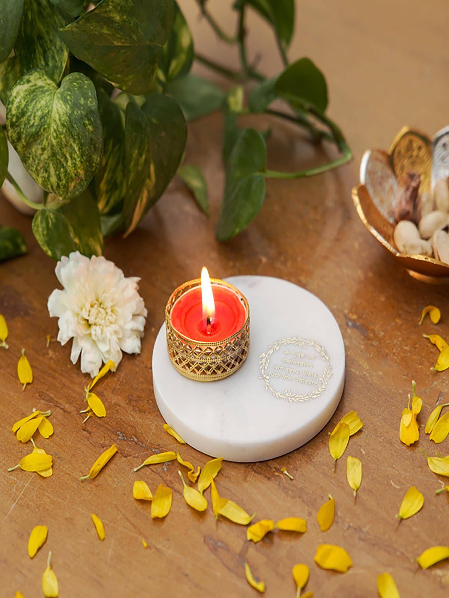 Homearte Gayatri Mantra Tea Light Holder White Marble Base