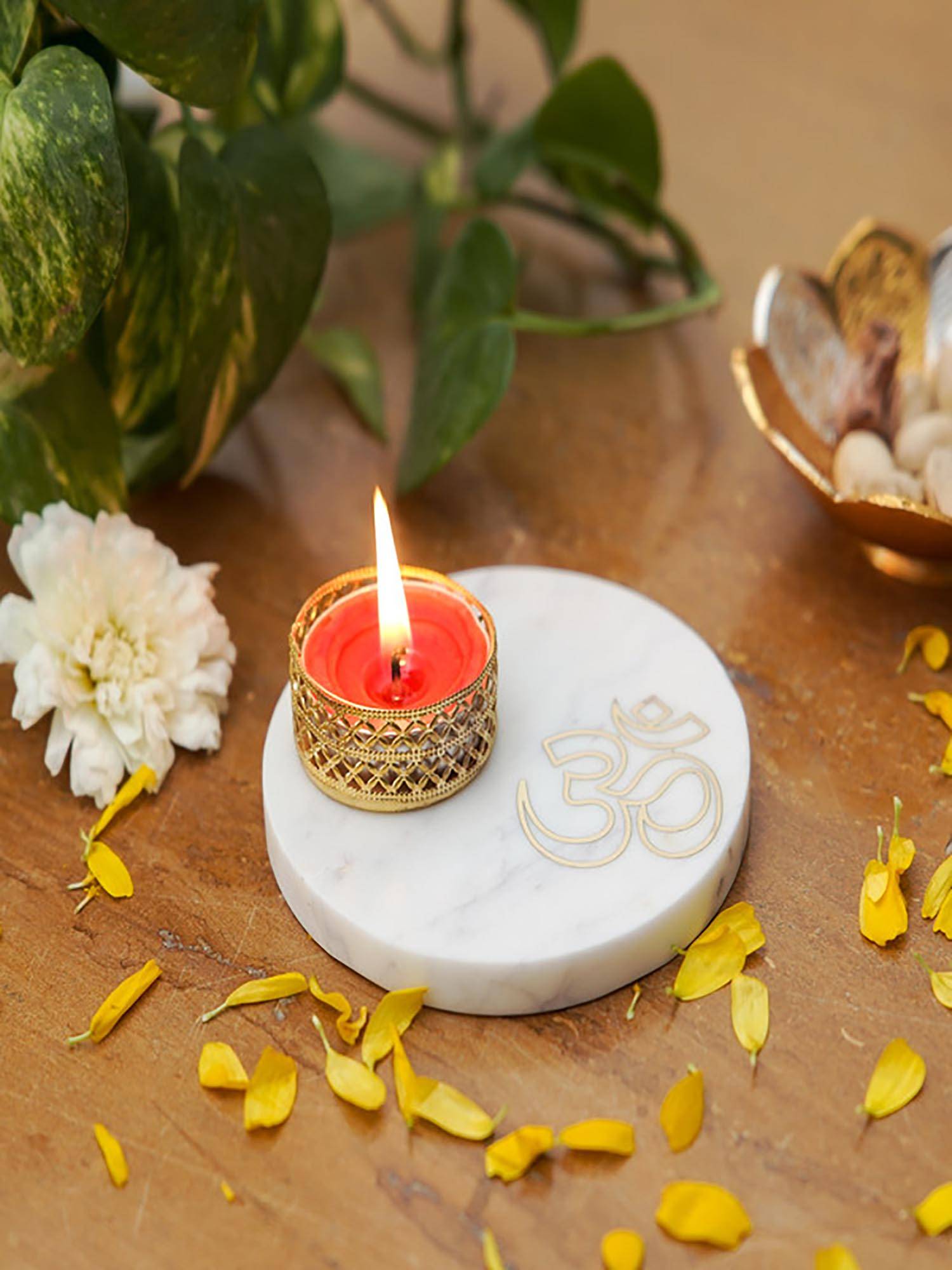 Homearte Om Tea Light Holder White Marble Base