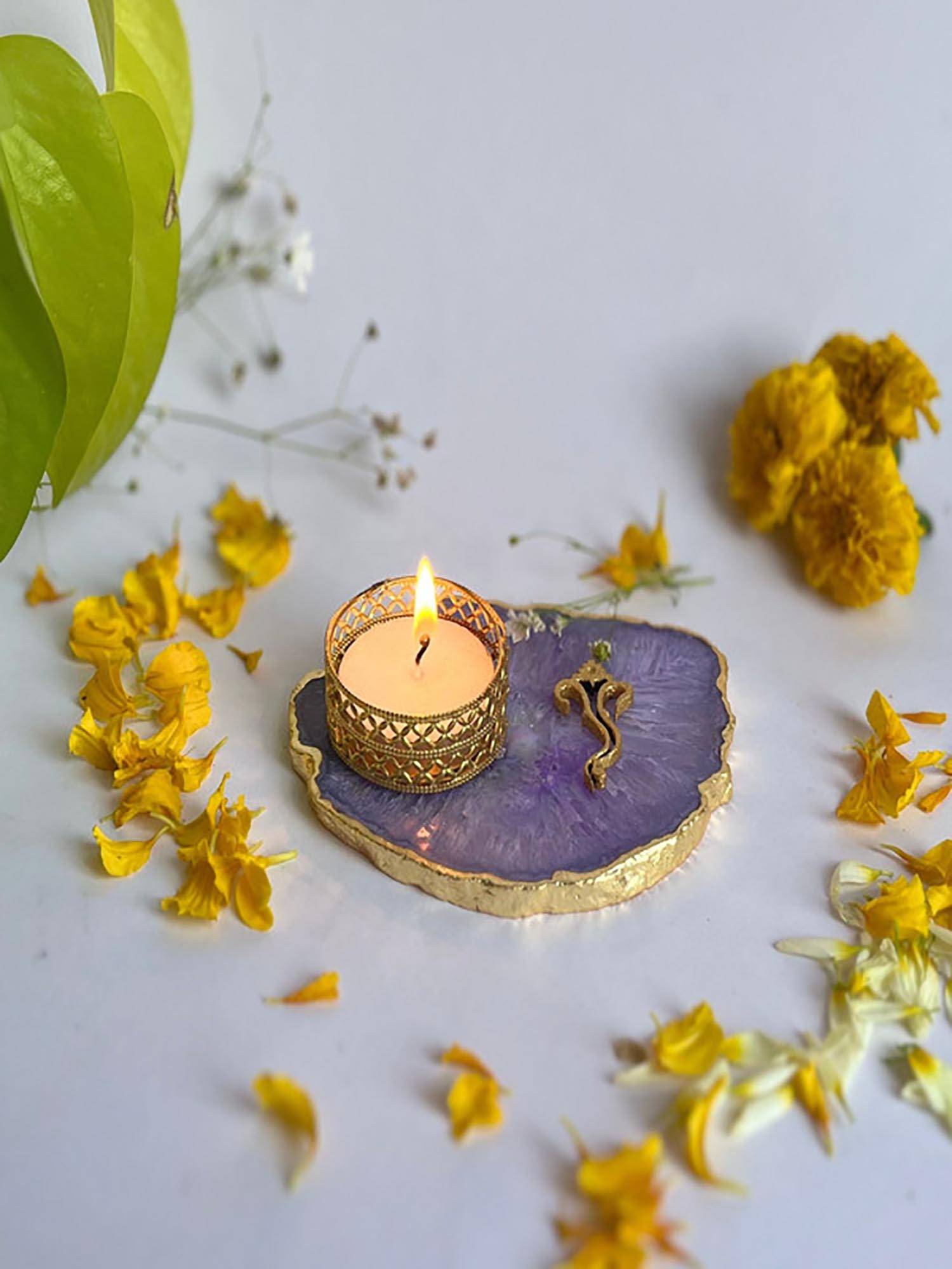 Homearte Ganesha Agate Base Tea Light Candle Holder- Purple