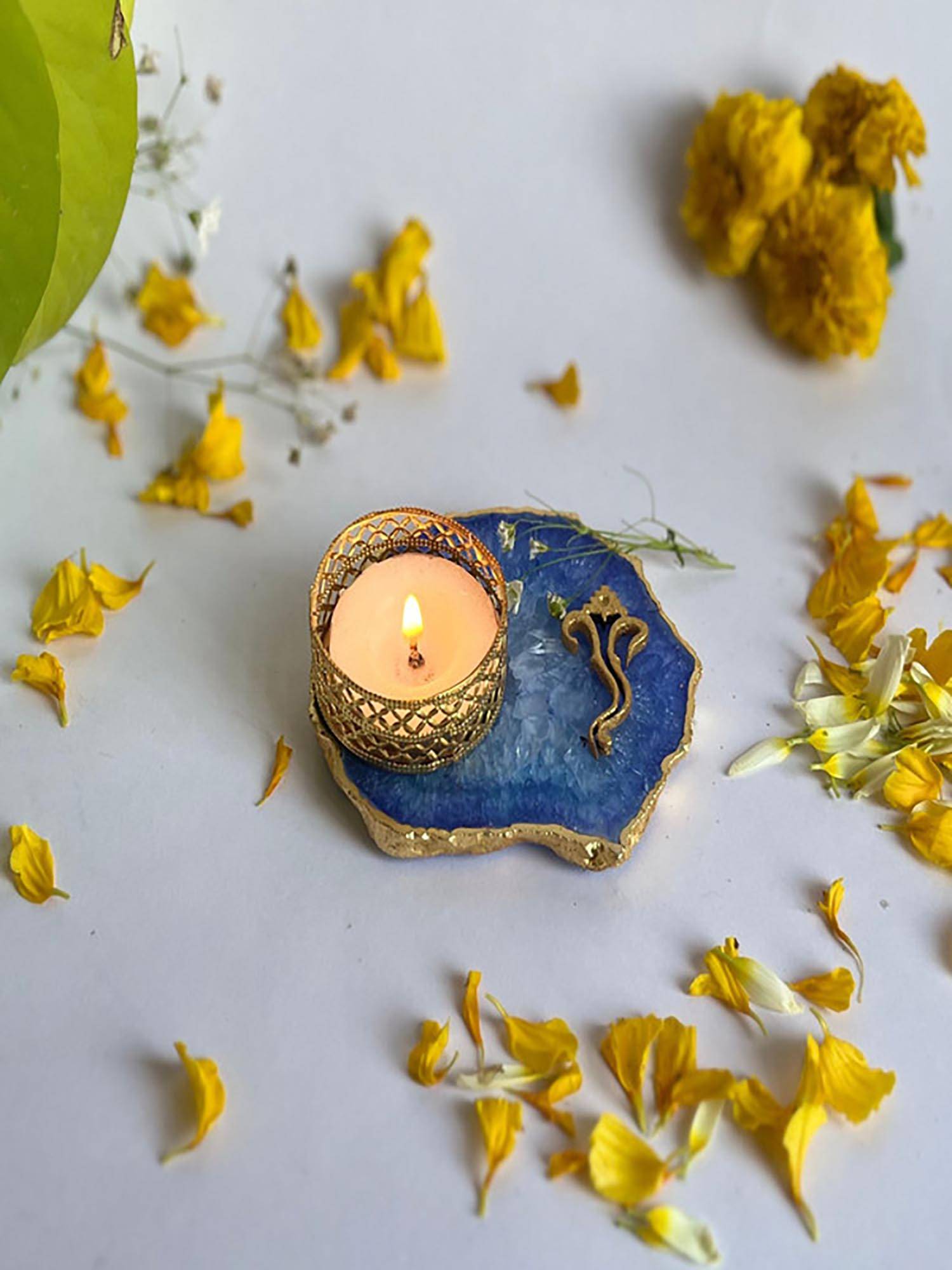 Homearte Ganesha Agate Base Tea Light Candle Holder- Blue