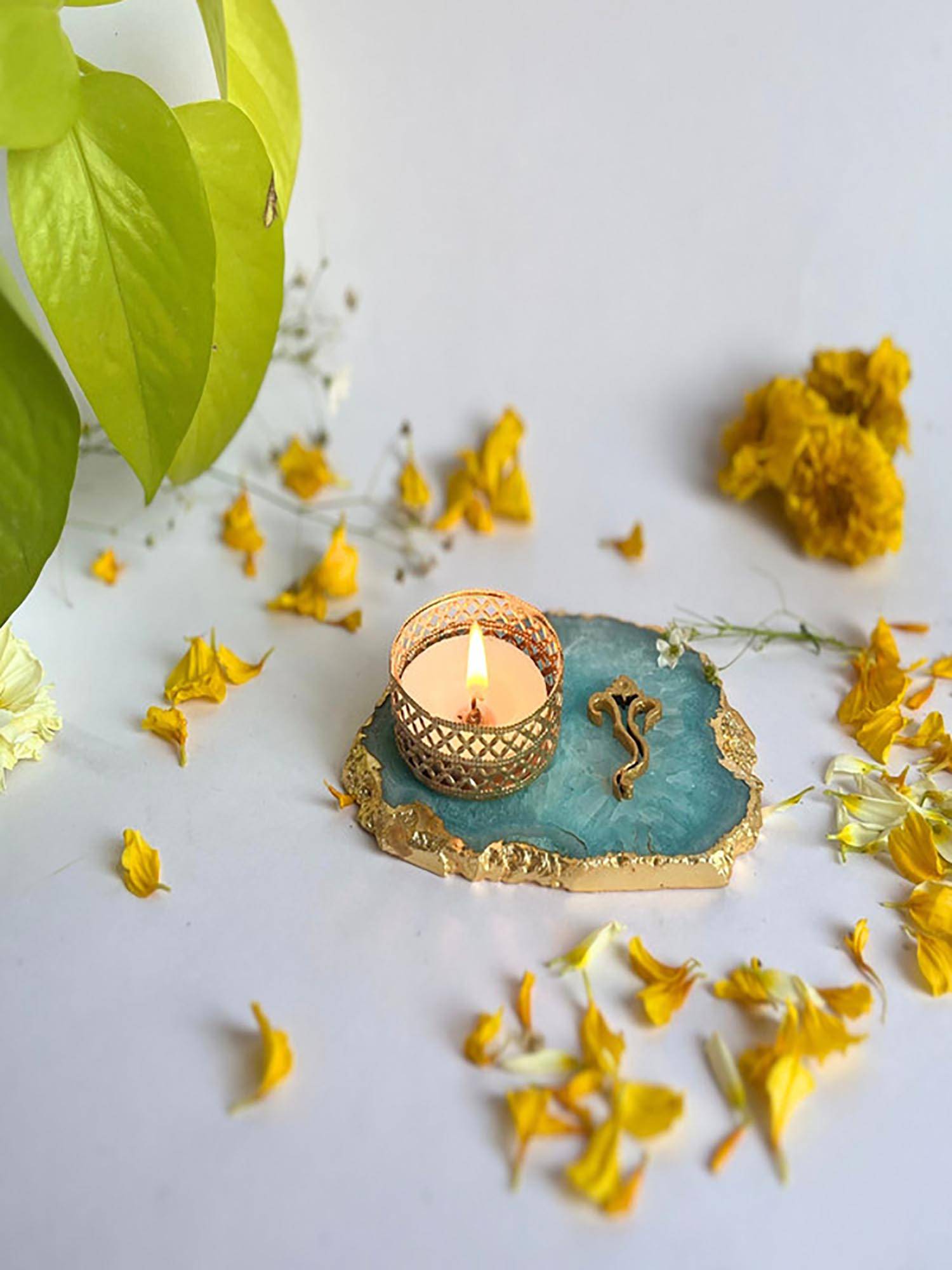 Homearte Ganesha Agate Base Tea Light Candle Holder- Turquoise