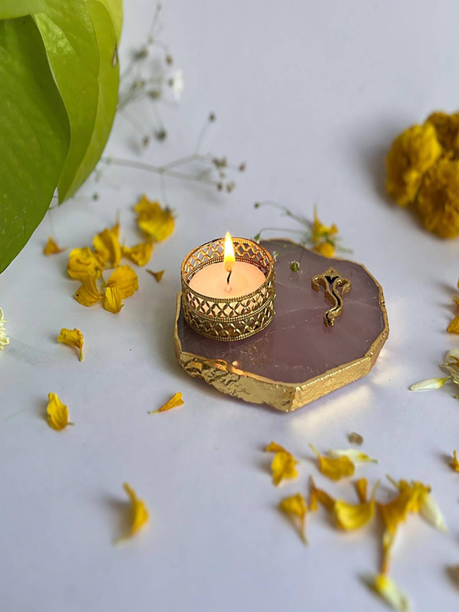Homearte Ganesha Rose Quartz Base Tea Light Candle Holder