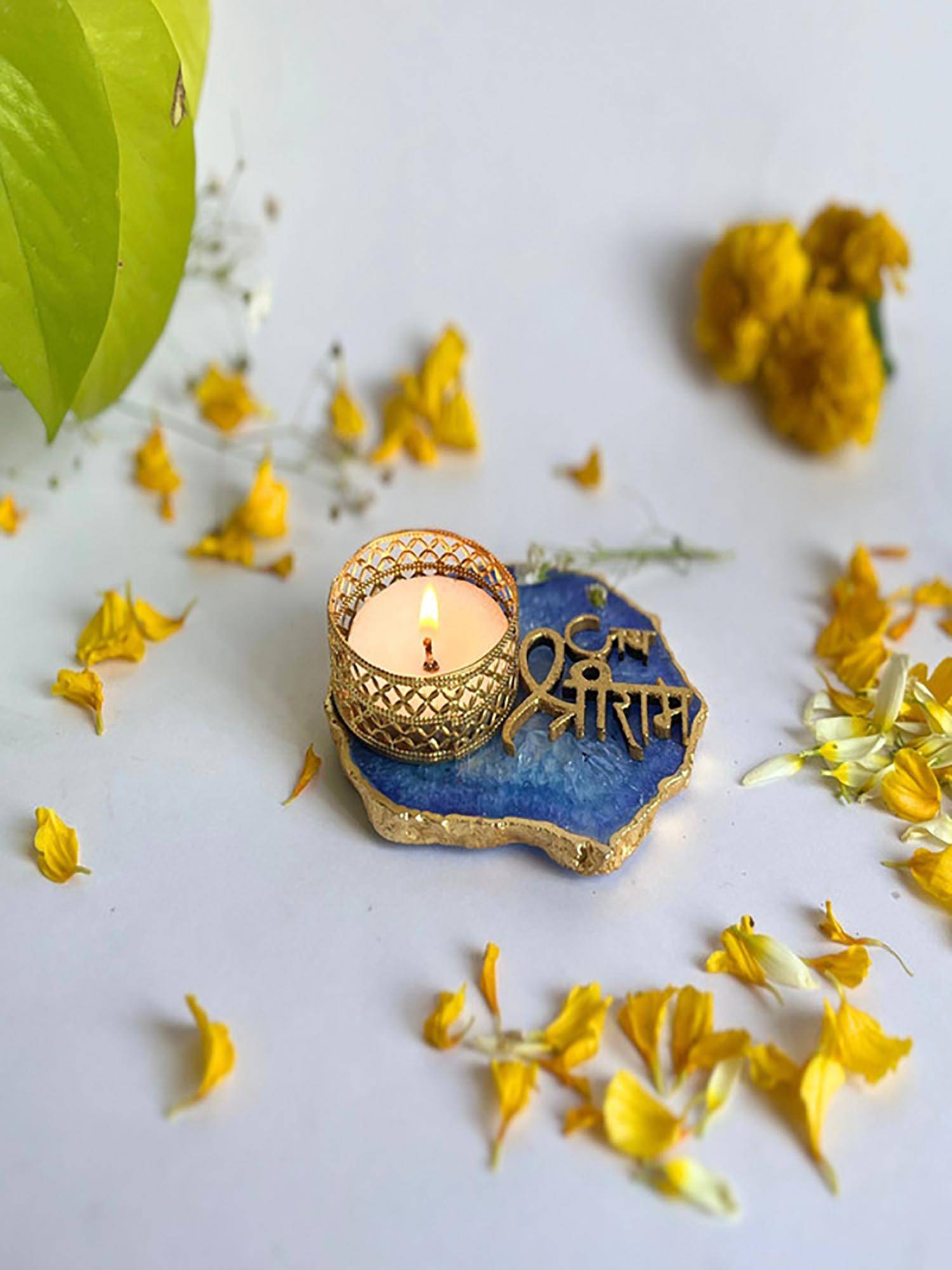 Homearte Jai Shree Ram Agate Base Tea Light Candle Holder- Blue