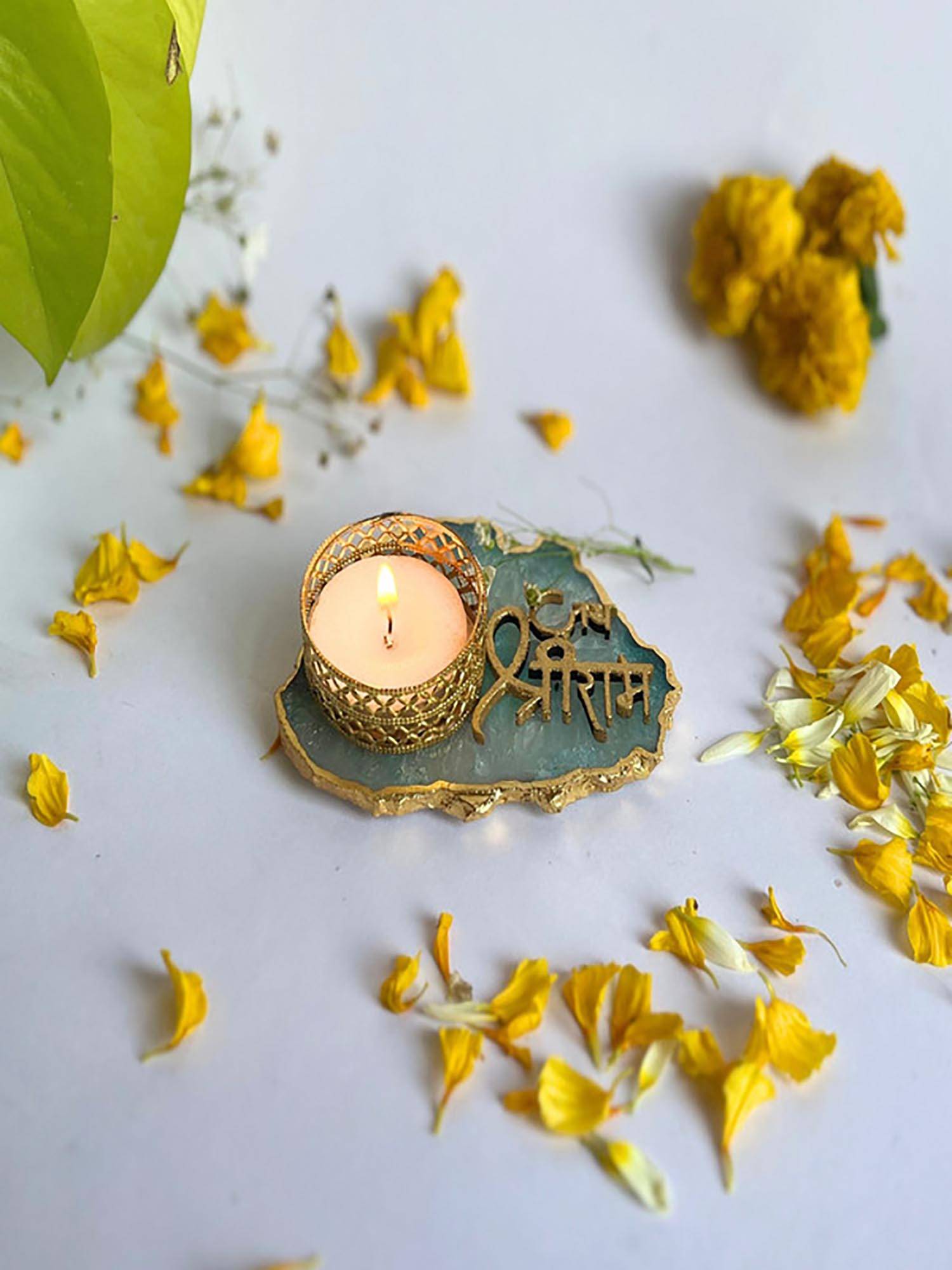 Homearte Jai Shree Ram Agate Base Tea Light Candle Holder- Green