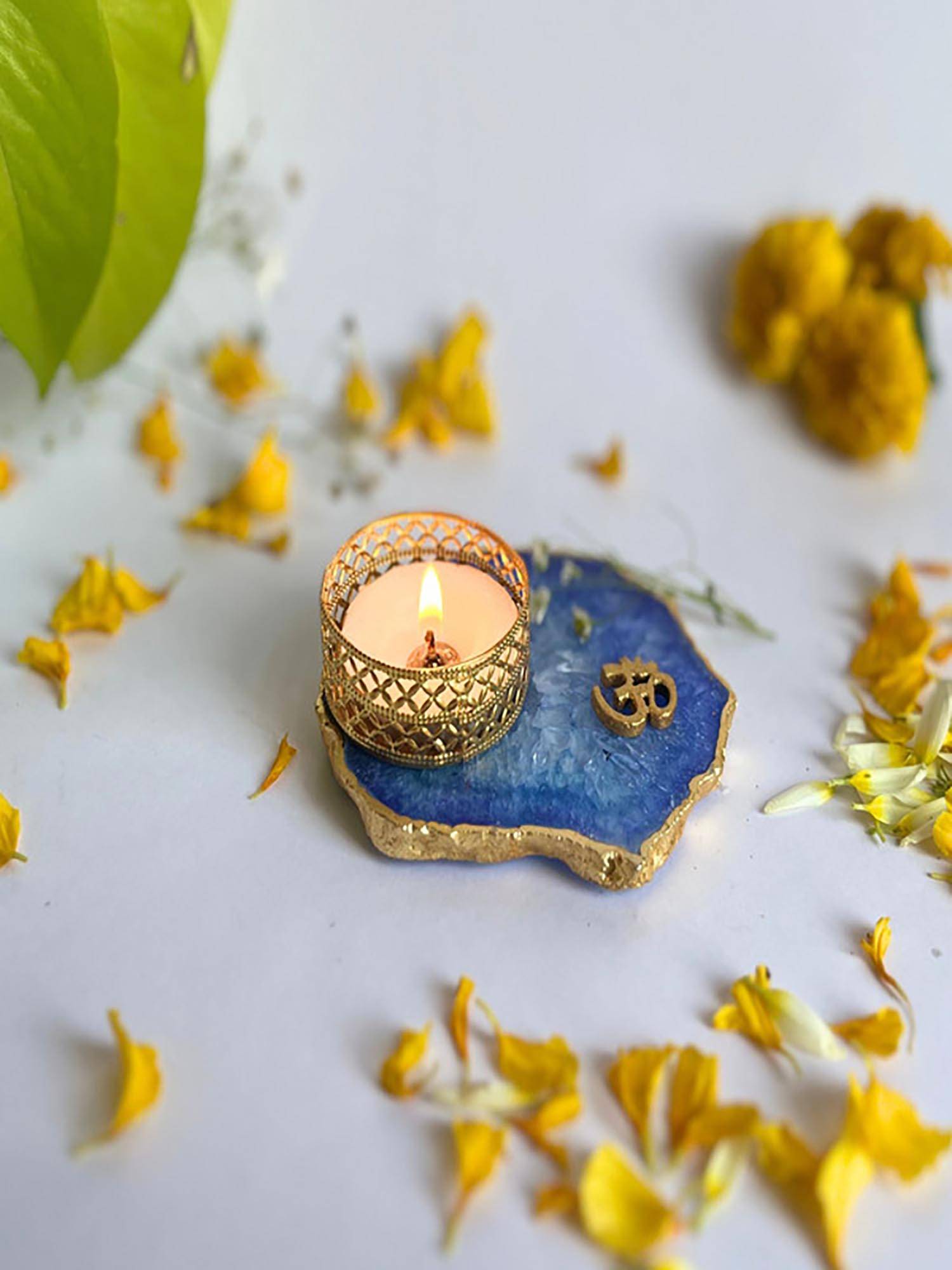 Homearte Om Agate Base Tea Light Candle Holder- Blue