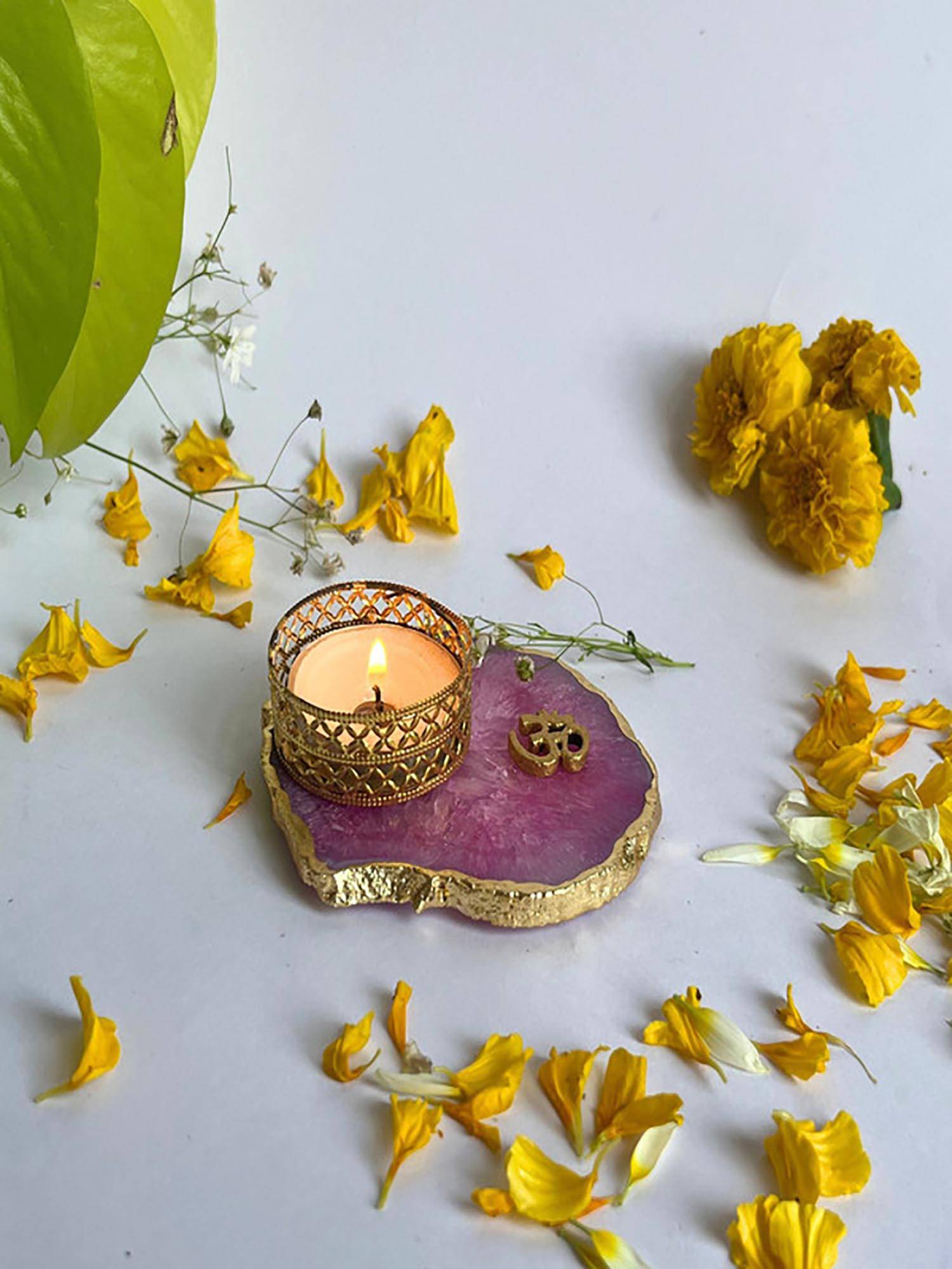Homearte Om Agate Base Tea Light Candle Holder- Pink