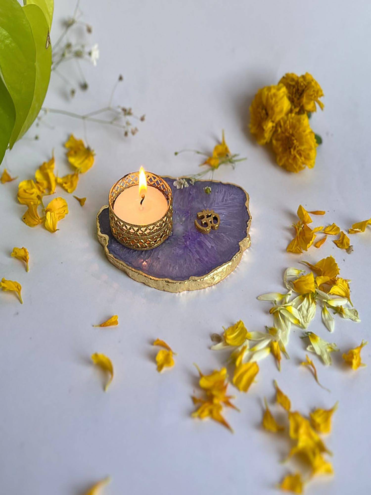 Homearte Om Agate Base Tea Light Candle Holder- Purple