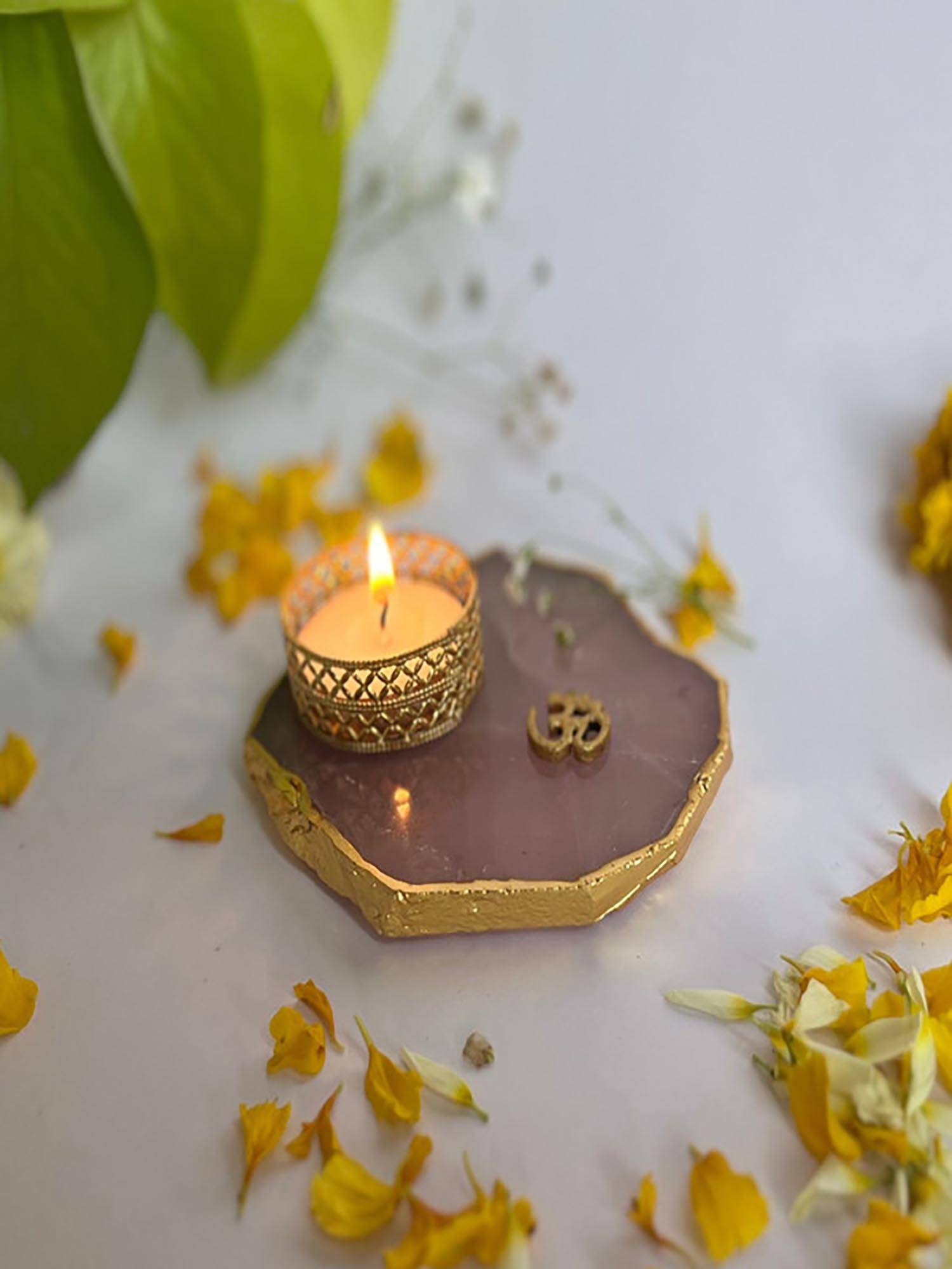 Homearte Om Rose Quartz Base Tea Light Candle Holder