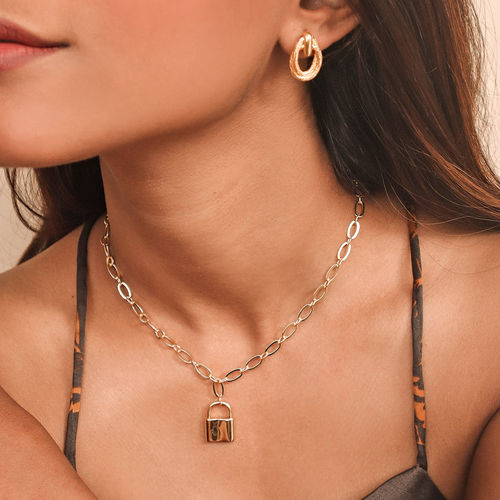 Pipa Bella by Nykaa Fashion Gold Dainty Lock Pendant and Gold Hoop Earrings  Set