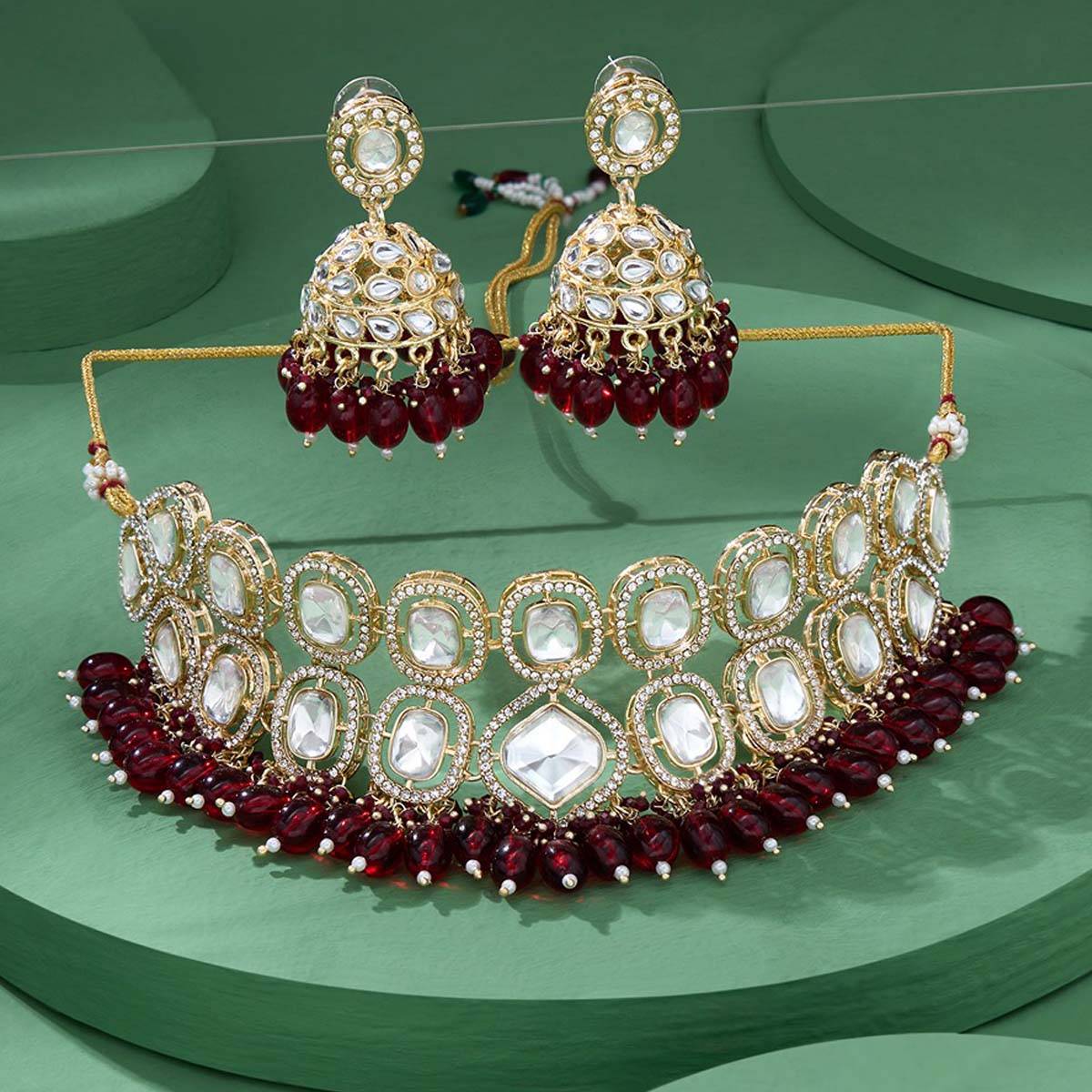 Zaveri Pearls Maroon Cluster Beads Stone Bridal Choker Necklace Earring Set - ZPFK17932