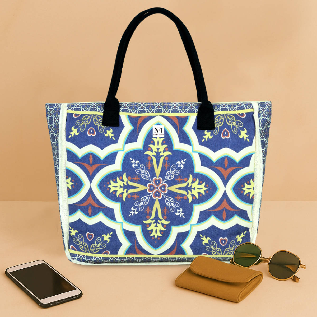 NFI Essentials Women Navy Blue Printed Totes Canvas Tote Bag