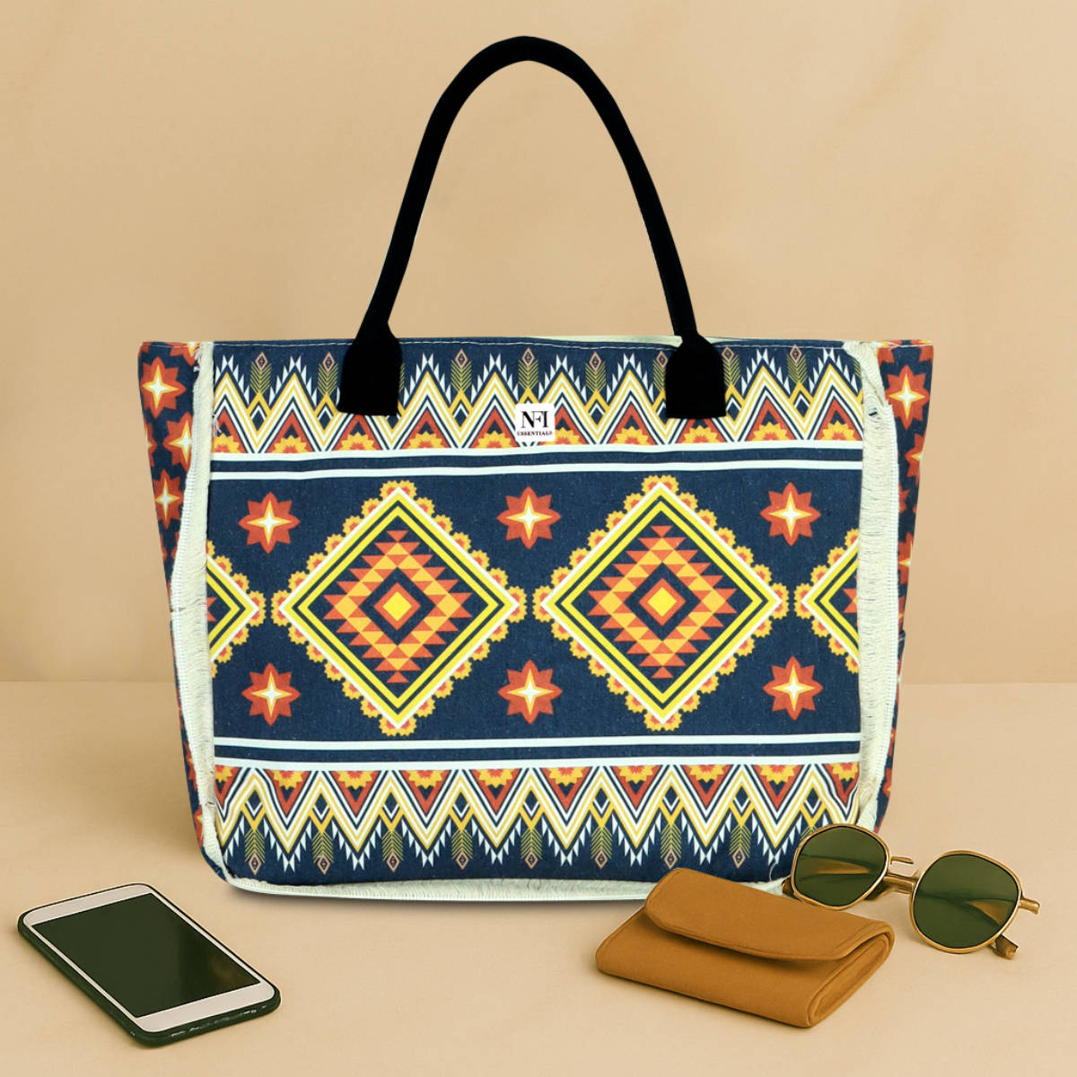 NFI Essentials Women Navy Blue Printed Totes Canvas Tote Bag