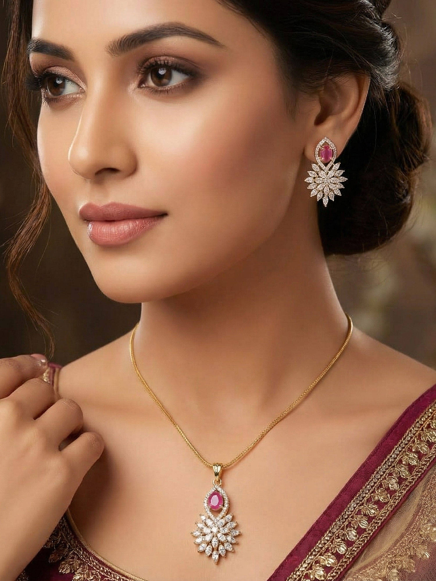 Nuyug Multi-Color American Diamond Ruby Rosette Necklace with Earrings