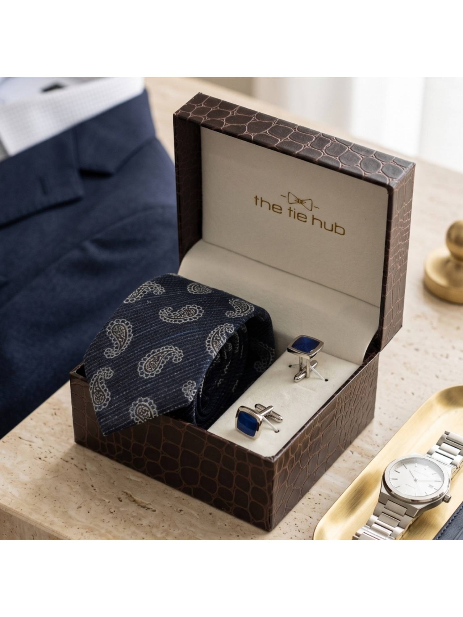 The Tie Hub Blue Polyester Paisley Tie & Blue Brass Square Cufflinks Combo