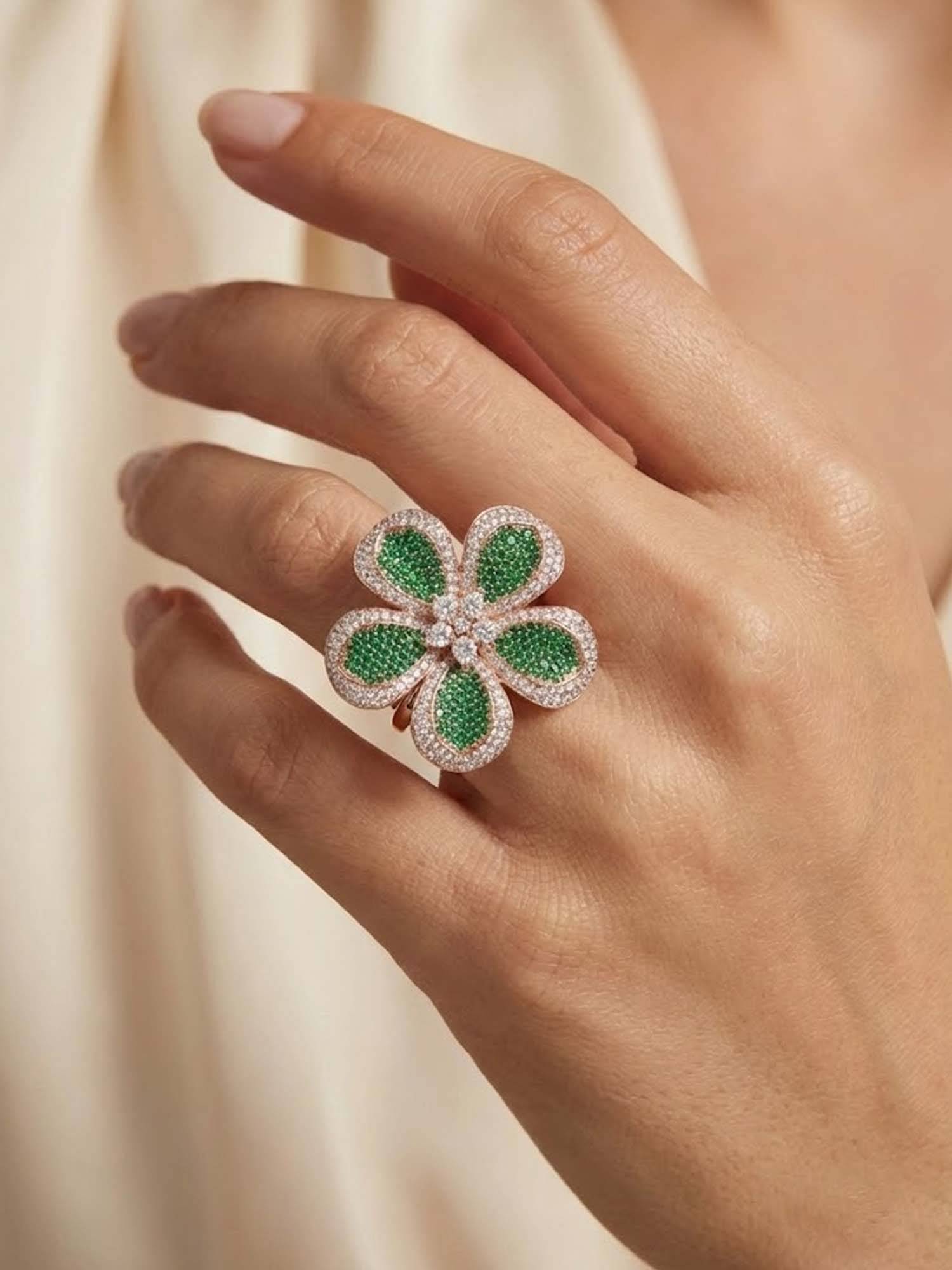 Adwitiya Green Crystal Bloom Dazzling Floral-Inspired Cocktail Silver Ring