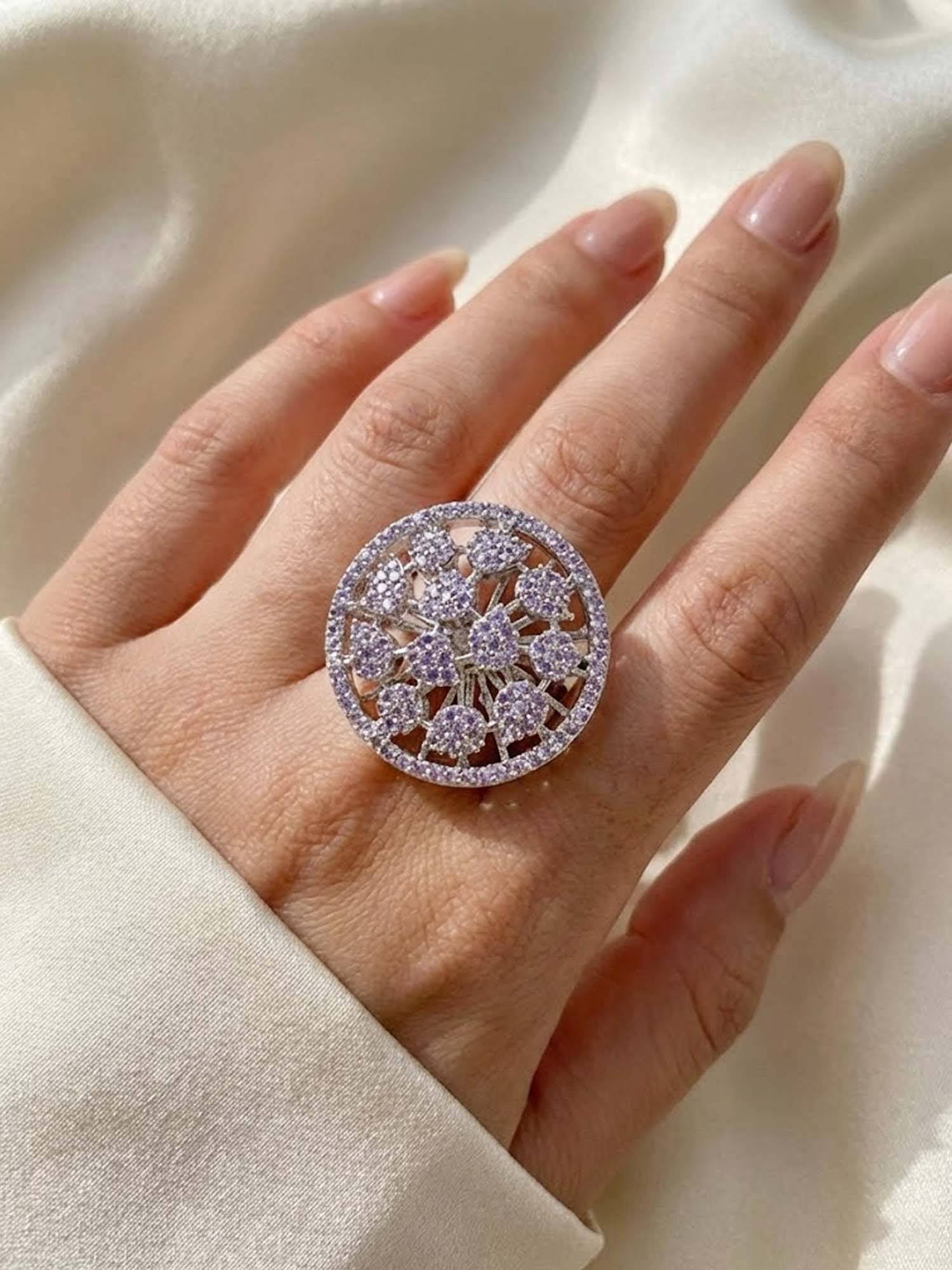Adwitiya White Stone-Studded Cocktail White Silver Ring