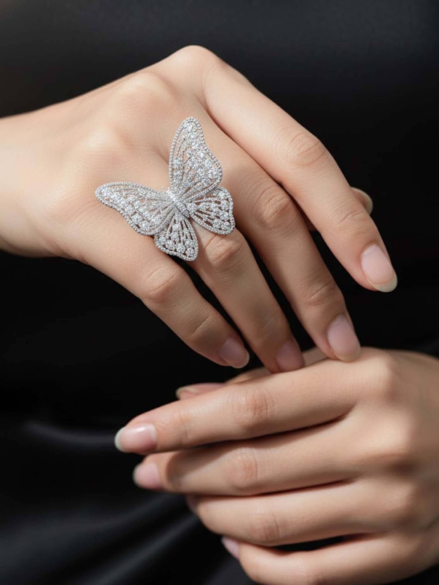 Adwitiya White Classic Buttercup Butterfly Diamond Silver Ring