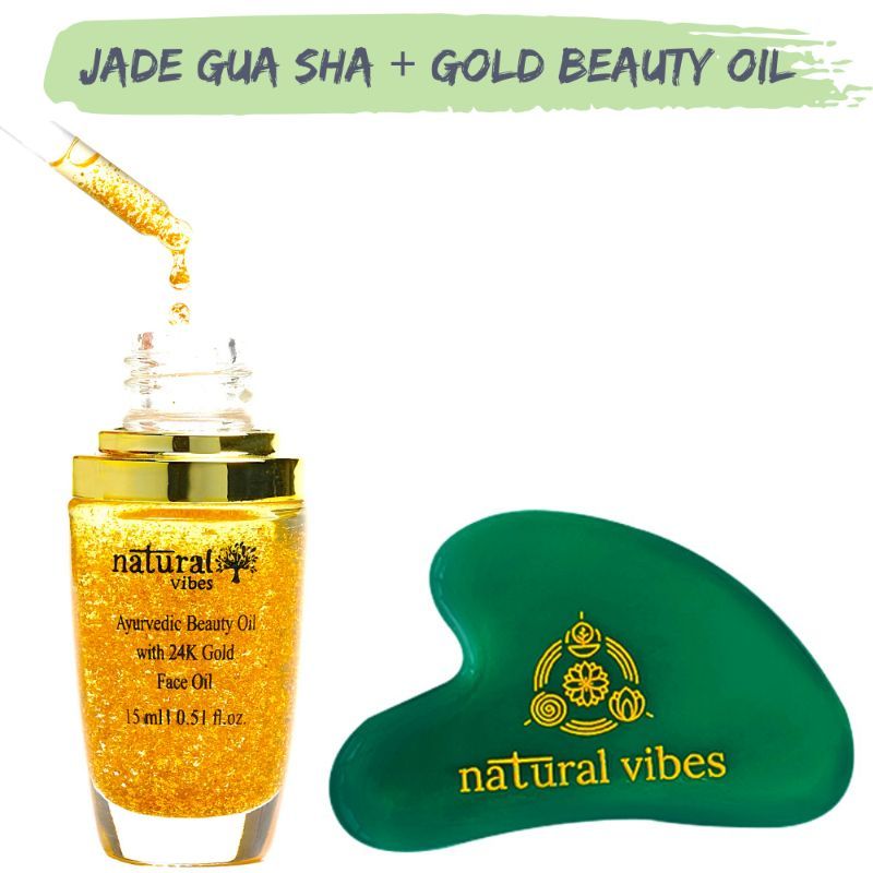 Natural Vibes Jade Gua Sha Face Massager + Gold Beauty Elixir Oil