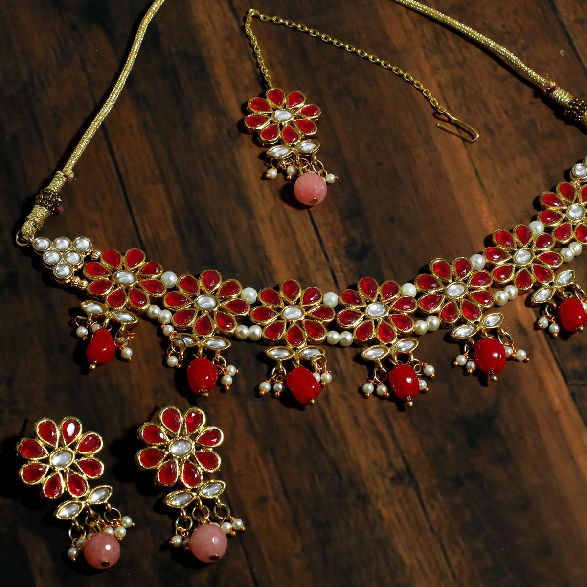 Sarana Red Gold Plated Long Necklace Set