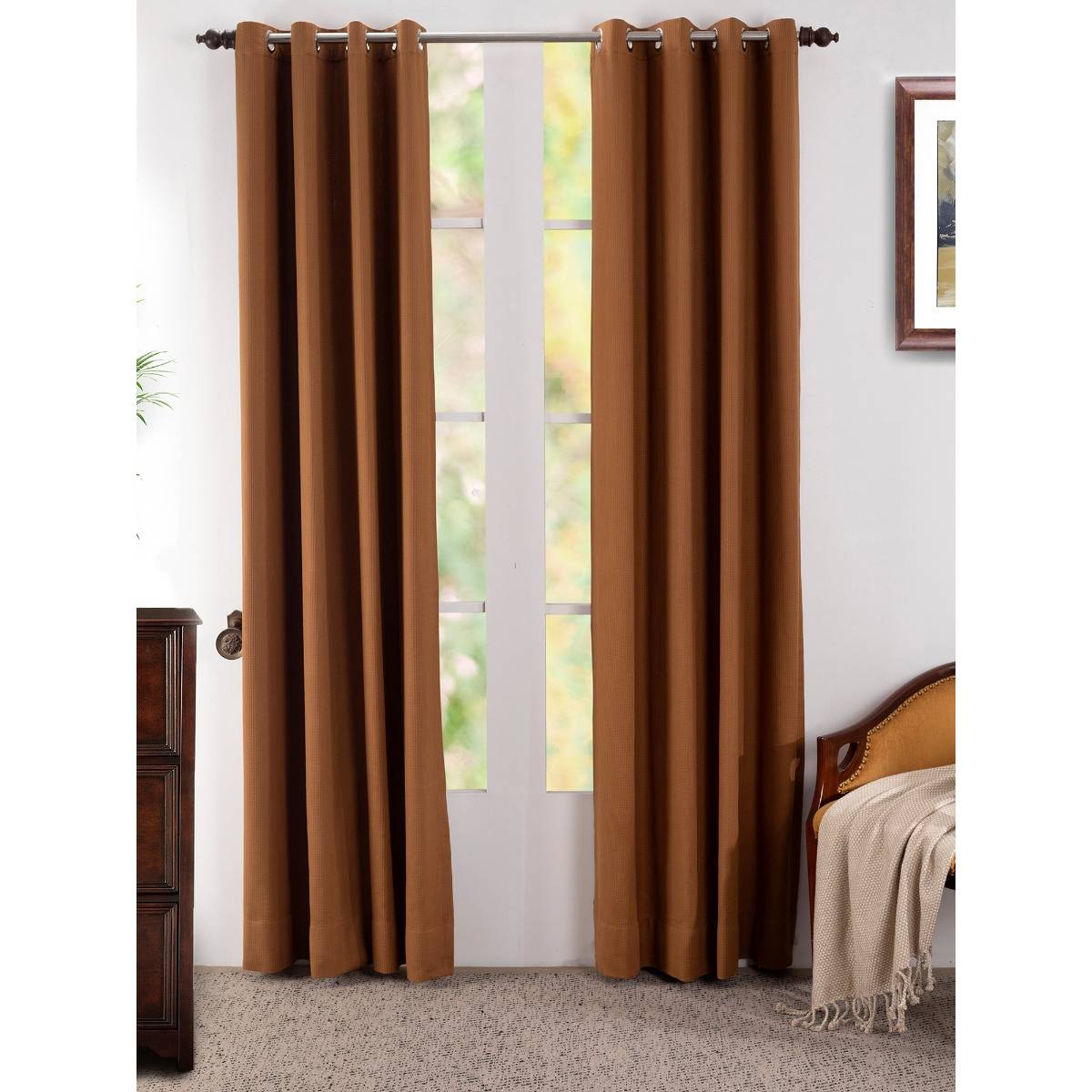 Maspar Ladder Stripe Cotton Solid Bronze Door Curtain Set of 2