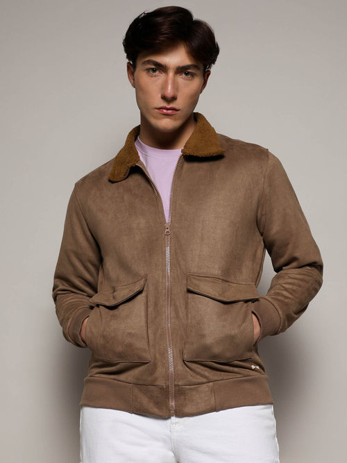 Campus Sutra Mens Zip-Front Beige Jacket With Fleece Collar