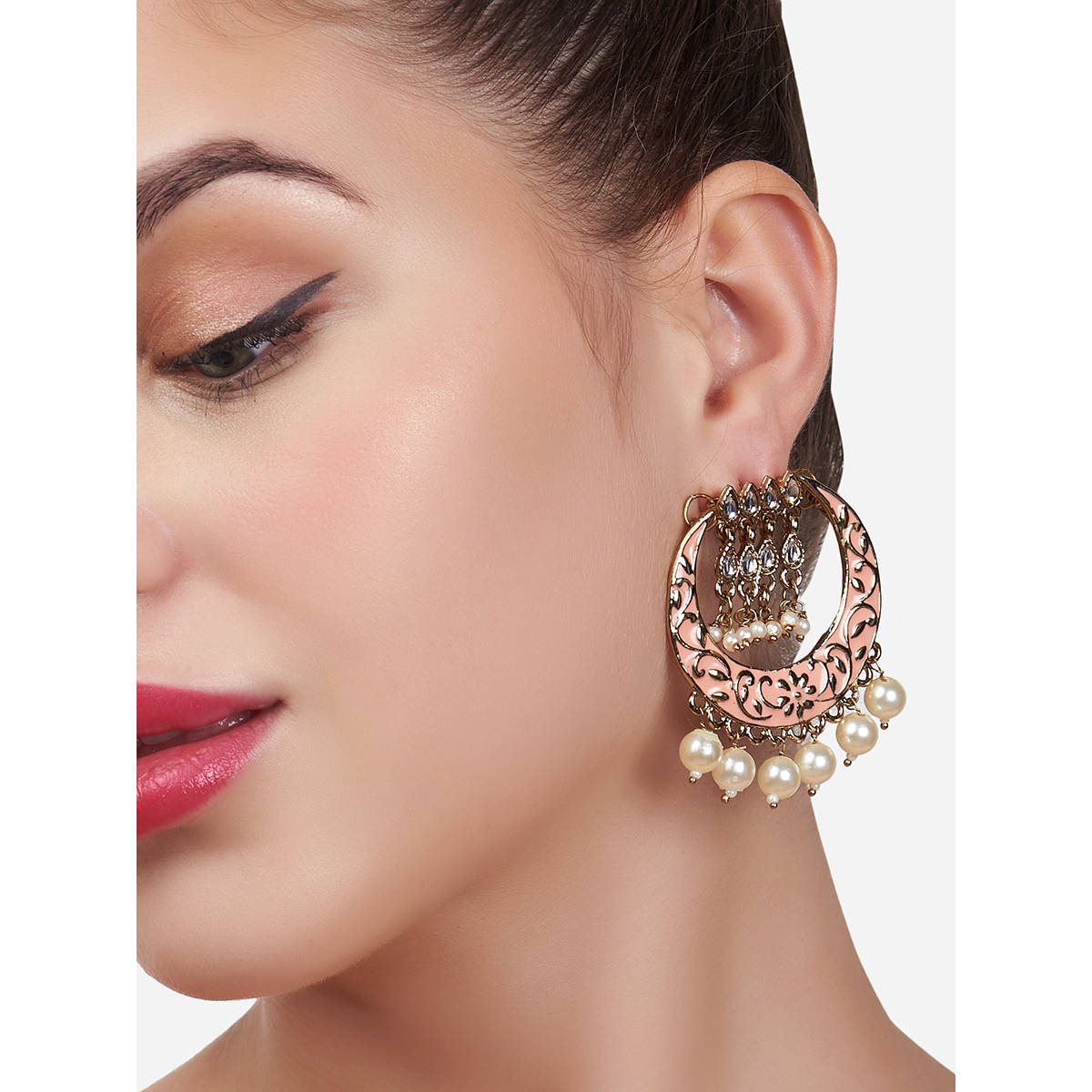 Zaveri Pearls Peach Meenakari Kundan Ethnic Pearl Drops Earring-ZPFK13583