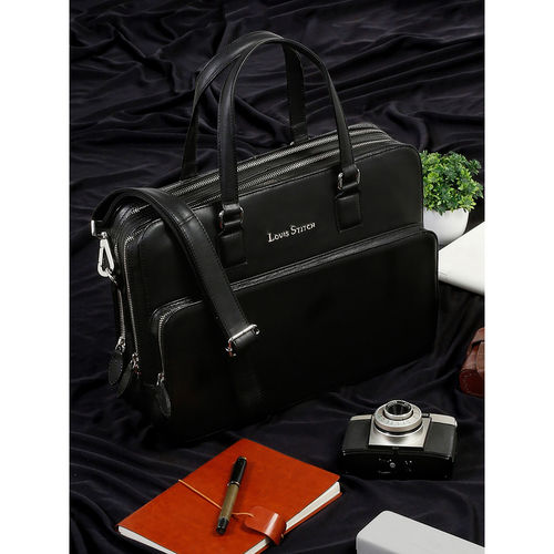Louis Stitch Black Italian Leather Laptop Bag Executive Briefcase with  Shoulder Strap (M)