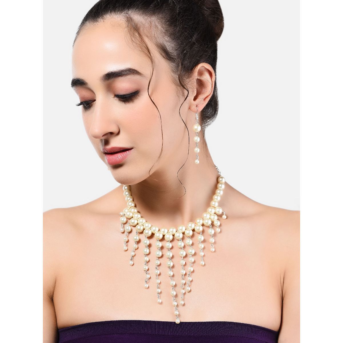 Zaveri Pearls Silver Tone Contemporary V Shape Pearls Necklace