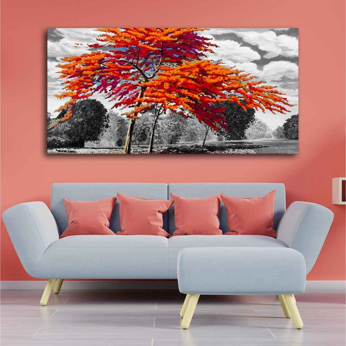 Buy Vibecrafts Orange Color Peacock Flowers Tree Premium Wall Painting ...