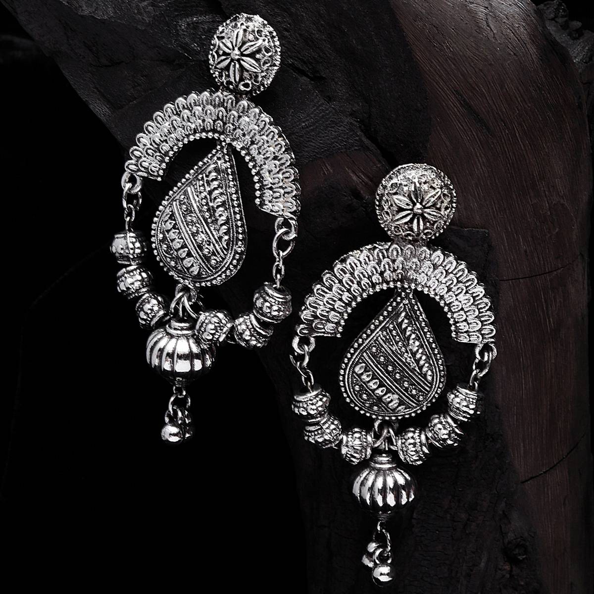 Moedbuille Handcrafted Temple Tribal Design Oxidised Silver Plated Tasselled Chandbalis