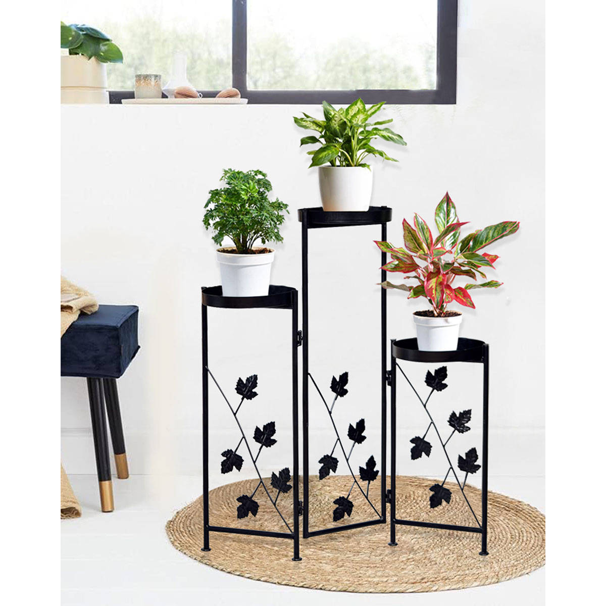 Homesake Metal Plant Stand with 3 Tier Flower Pots- Leafy Maple