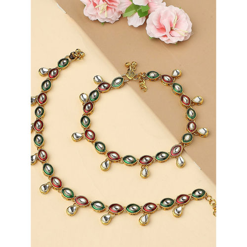Buy OOMPH Pair of Red Green Meenakari Kundan Payal Anklets For