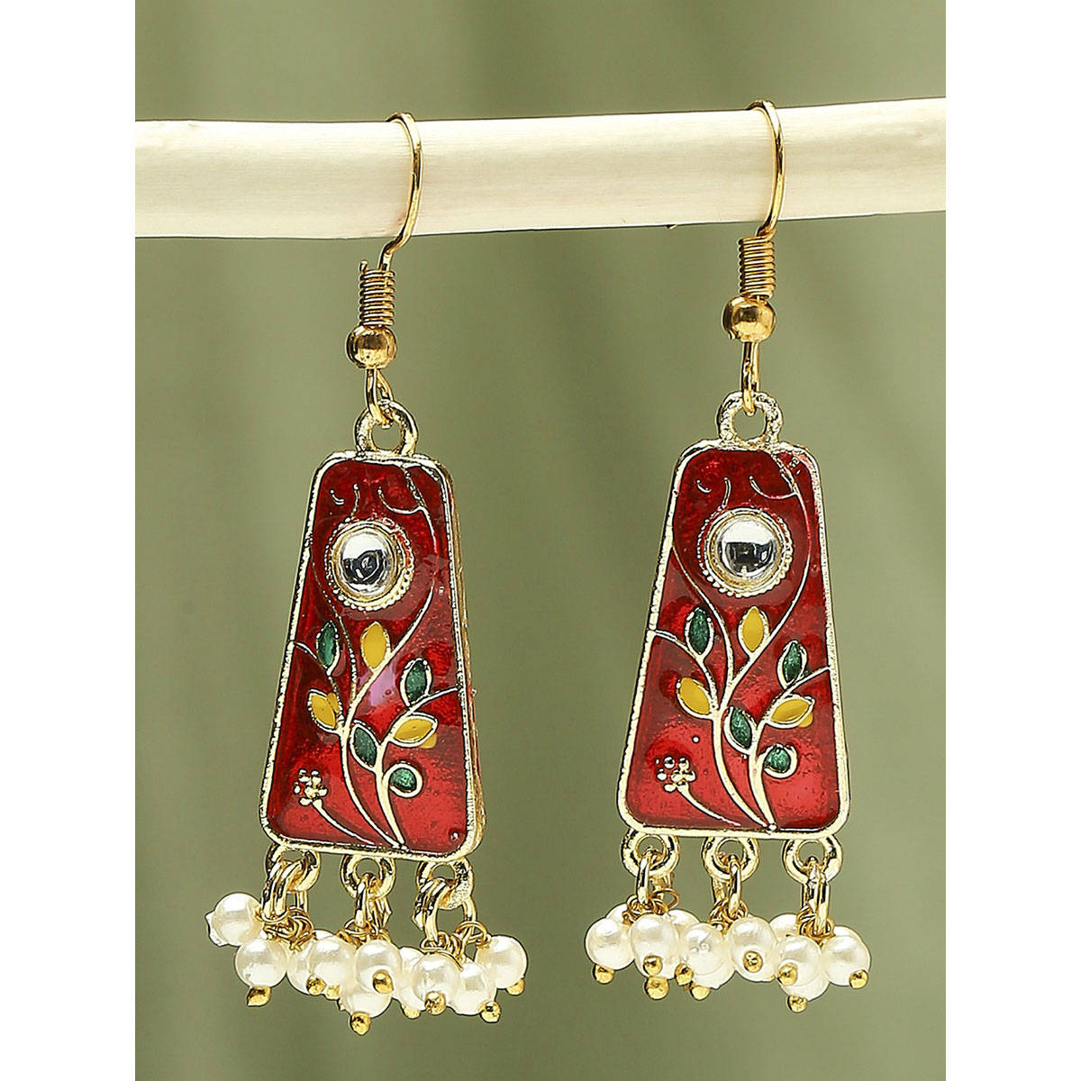 OOMPH Red Maroon Meenakari Small Ethnic Drop Earrings with Kundan For Women & Girls